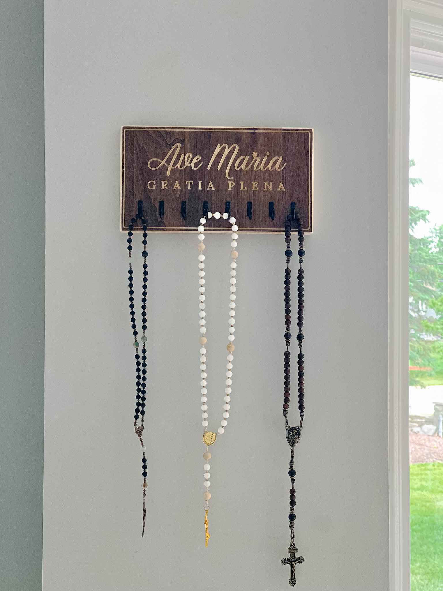Ave Maria Rosary Hanger - Beautiful Catholic Wall Hook for Prayer Beads - Perfect for Home Chapel, Bedroom, or Gift Giving