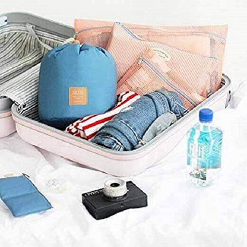 Awestuffs Large Barrel Shaped Travel Cosmetic Bag - Hanging Toiletry Organizer with Drawstring, Mini Zipper Jewelry Pocket & Clear PVC Pouch for Makeup Brushes (Blue) - Perfect for Travel, Camping, Gym & Daily Cosmetics Storage