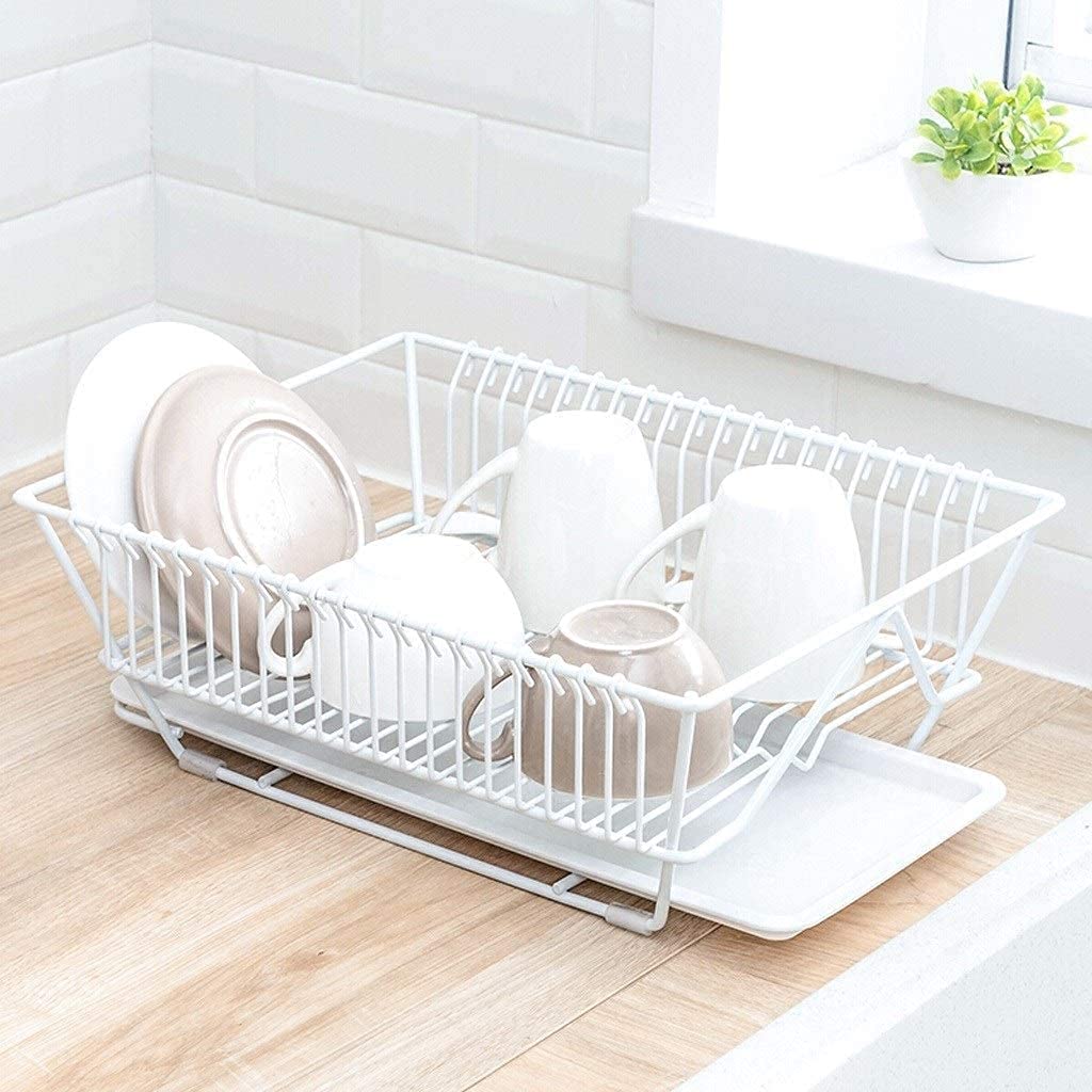 Stainless Steel Dish Drying Rack with Drain Board - Kitchen Counter Plate Rack & Utensil Holder Set for Dishes, Pans, Cups (White) - Perfect for Small Spaces, Apartments, and Organized Kitchen Countertops