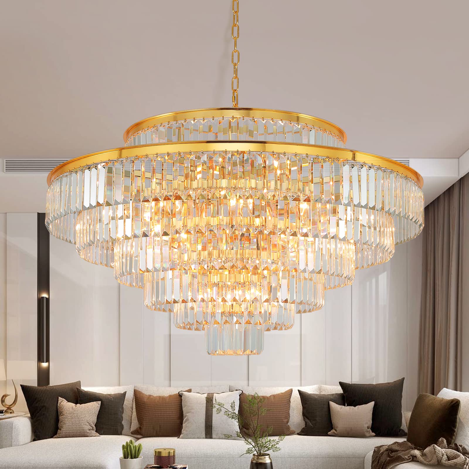 Modern Gold Crystal Chandelier - 39 Inch Round 7-Tier Pendant Ceiling Light Fixture for Dining Room, Living Room, Bedroom & Entryway | Elegant Lighting for Home Decor, Weddings & Special Events