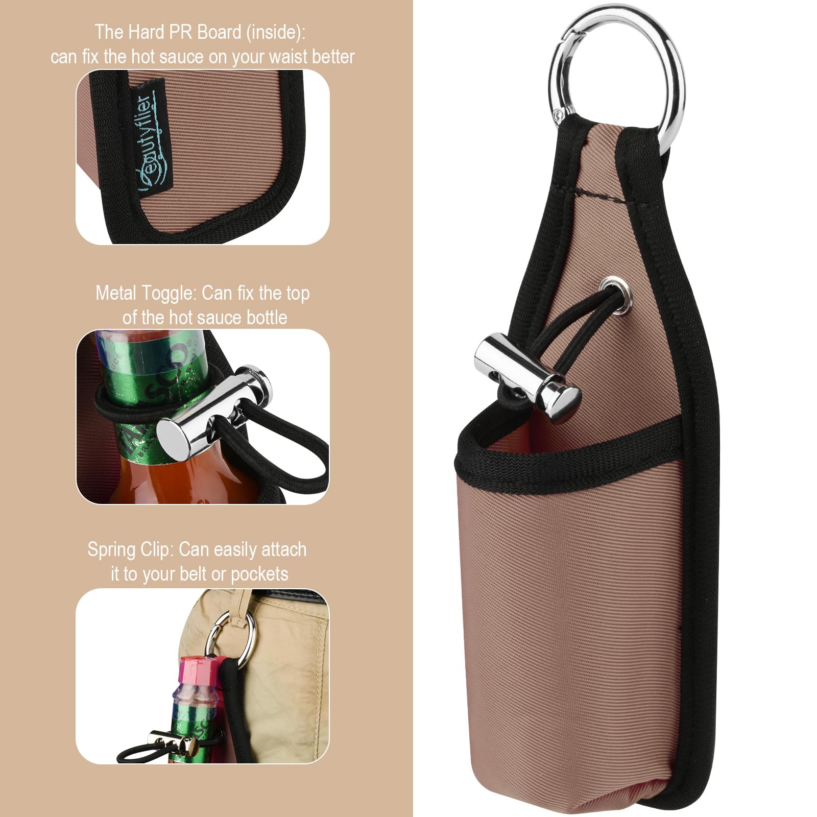 Beautyflier 2oz/60ML Hot Sauce Bottle Holder Sleeve - Portable Belt Clip for Tabasco, Sriracha & Cholula - Essential Hot Sauce Accessory for Cooking, Camping & Travel (Light Brown)