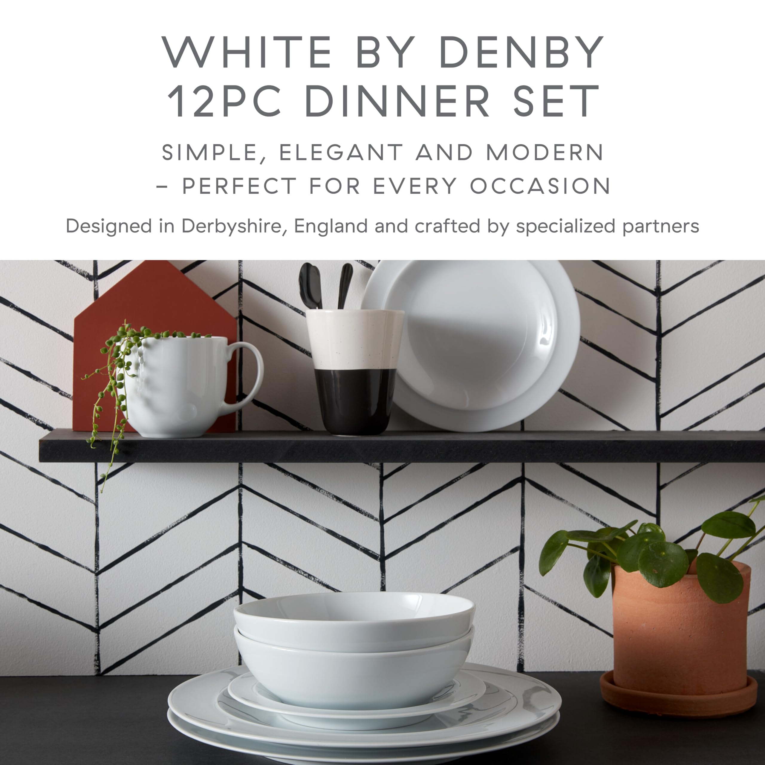 Denby White 12-Piece Porcelain Dinnerware Set - Fine China Dinner Plates, Salad Plates & Cereal Bowls - Dishwasher & Microwave Safe, Scratch Resistant - Perfect for Family Dinners, Holiday Entertaining & Everyday Use