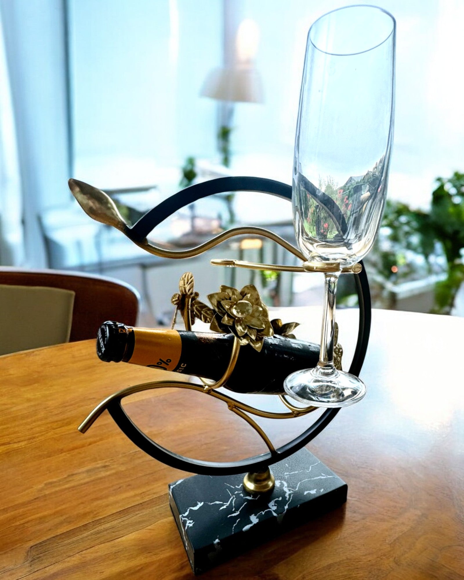Elegant Wine Bottle and Glass Holder - 33cm Height, Custom Engraving for Gifts - Perfect for Weddings, Parties & Home Decor