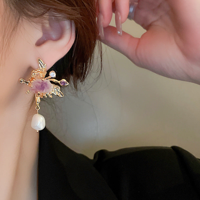 Elegant Asymmetric Freshwater Pearl Lilac Dangle Earrings for Women | HE13762 | Perfect for Weddings, Parties & Special Occasions