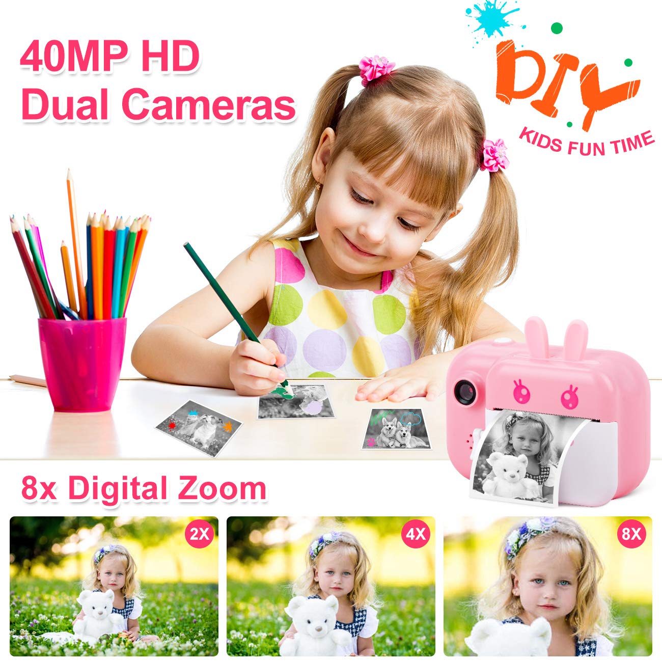MINIBEAR Kids Instant Print Camera - Digital Camera for Toddlers & Girls with 10 Rolls of Refill Paper | Fun Birthday Gifts, Travel Photography, School Activities, Family Memories