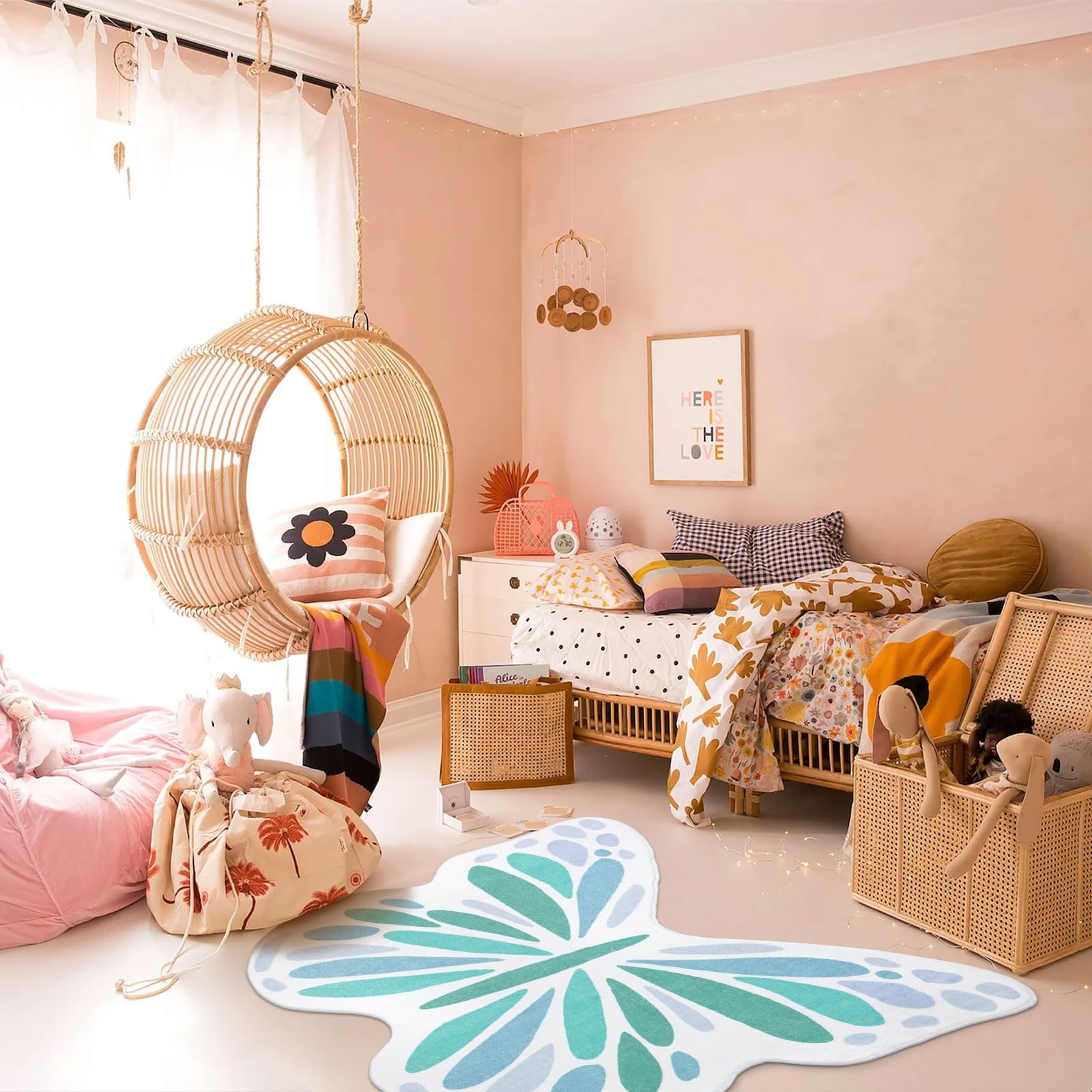Topotdor Soft Washable Butterfly Kids Rug - 49x59 Inch Non-Slip Nursery Carpet for Girls Bedroom, Toddler Playroom & Living Room Decor (Green) | Perfect for Playtime, Learning Activities & Cozy Floor Seating
