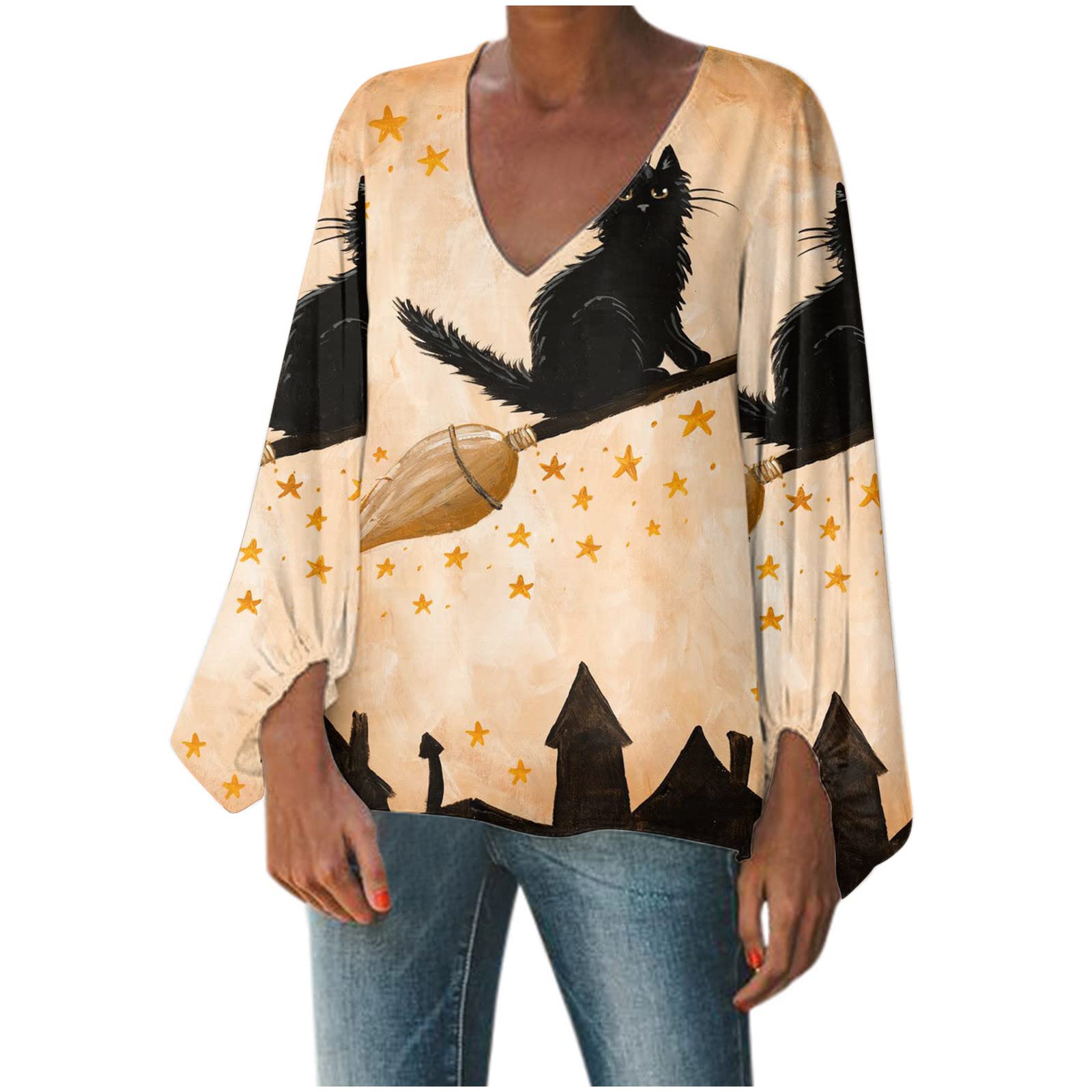Women's Sexy Halter Neck Off Shoulder Long Sleeve T-Shirt - Boho Print Casual Summer Tops & Blouses for Beach, Party & Vacation Outfits