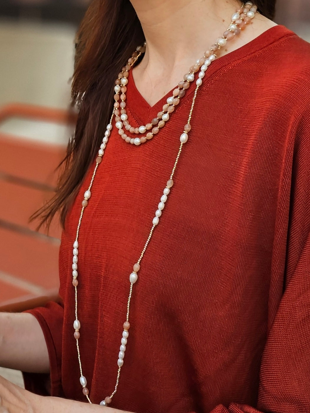 Orange Moonstone and White Pearls Long Necklace NN015 - Elegant Boho Jewelry for Women, Perfect for Weddings, Parties & Everyday Wear
