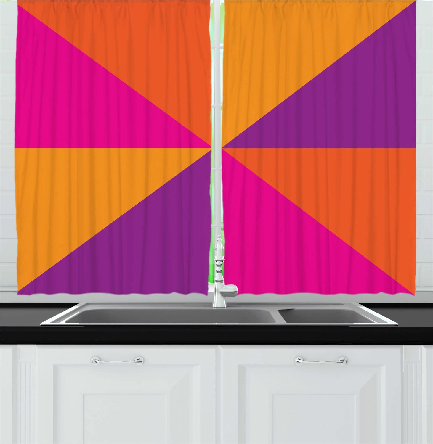 Ambesonne Abstract Long Kitchen Curtains - Colorful Geometric Fractal Triangle Design in Orange Purple Pink | 55