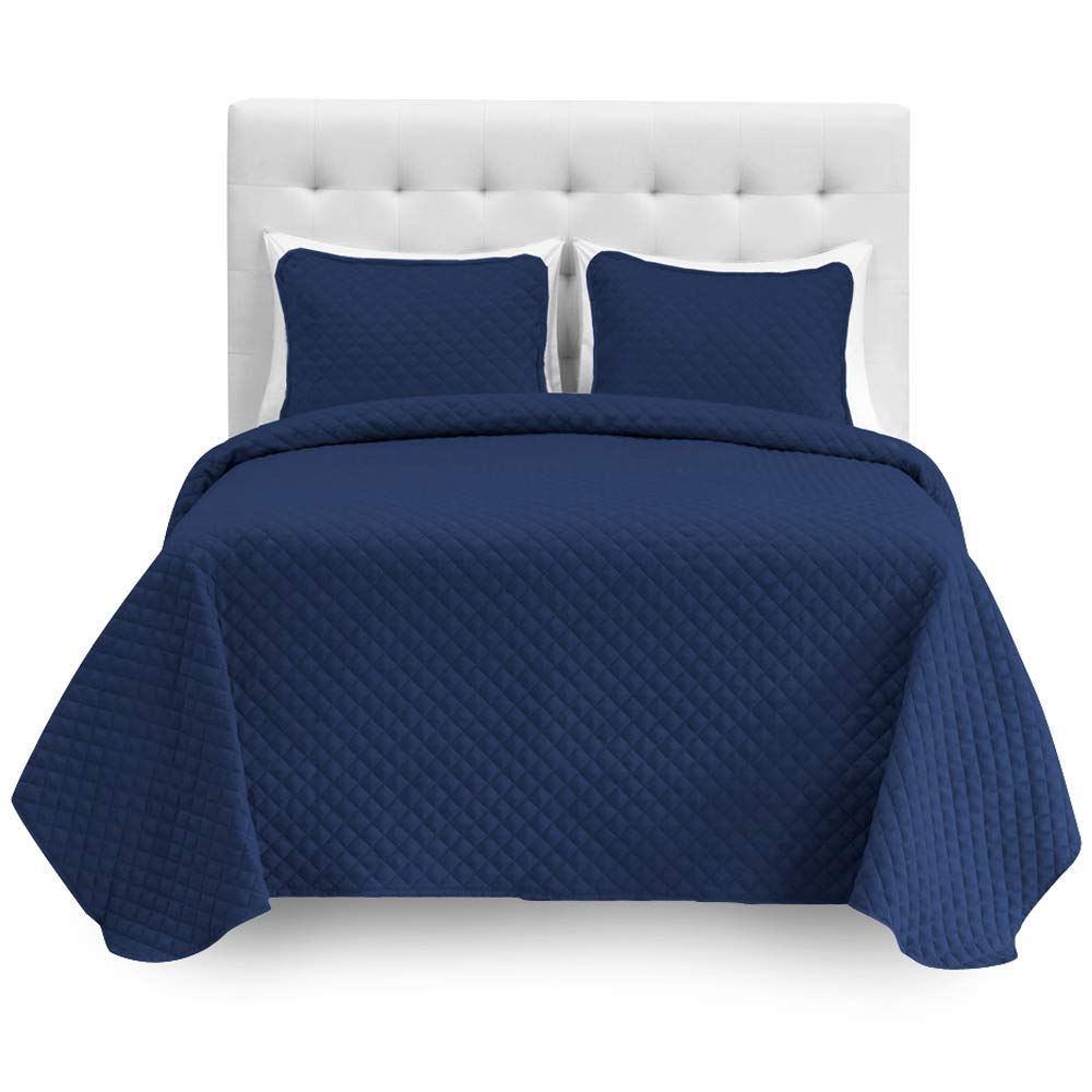 Bare Home Queen Size Coverlet and Microfiber Sheet Set - Diamond Stitched Lightweight Bedspread with Ultra Soft Sheets (Dark Blue Coverlet, Grey Sheets) - Perfect for Guest Rooms, Master Bedrooms, and Cozy Home Decor