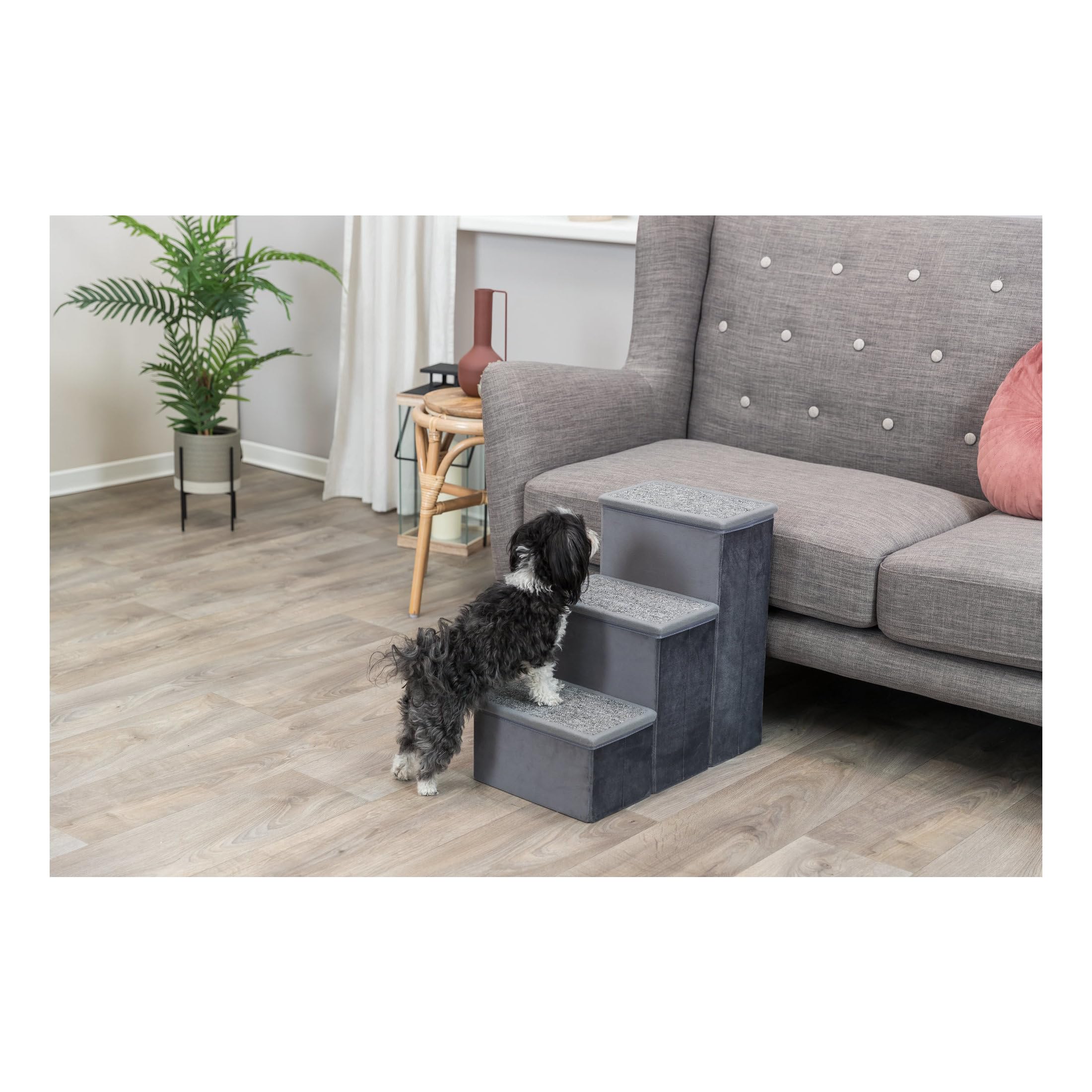 TRIXIE Velour 3-Step Pet Stairs with Storage | Collapsible Dog Steps for Small & Medium Dogs | Storage Compartments for Pet Toys & Supplies | Soft Gray | Perfect for Bed, Couch & Car Access