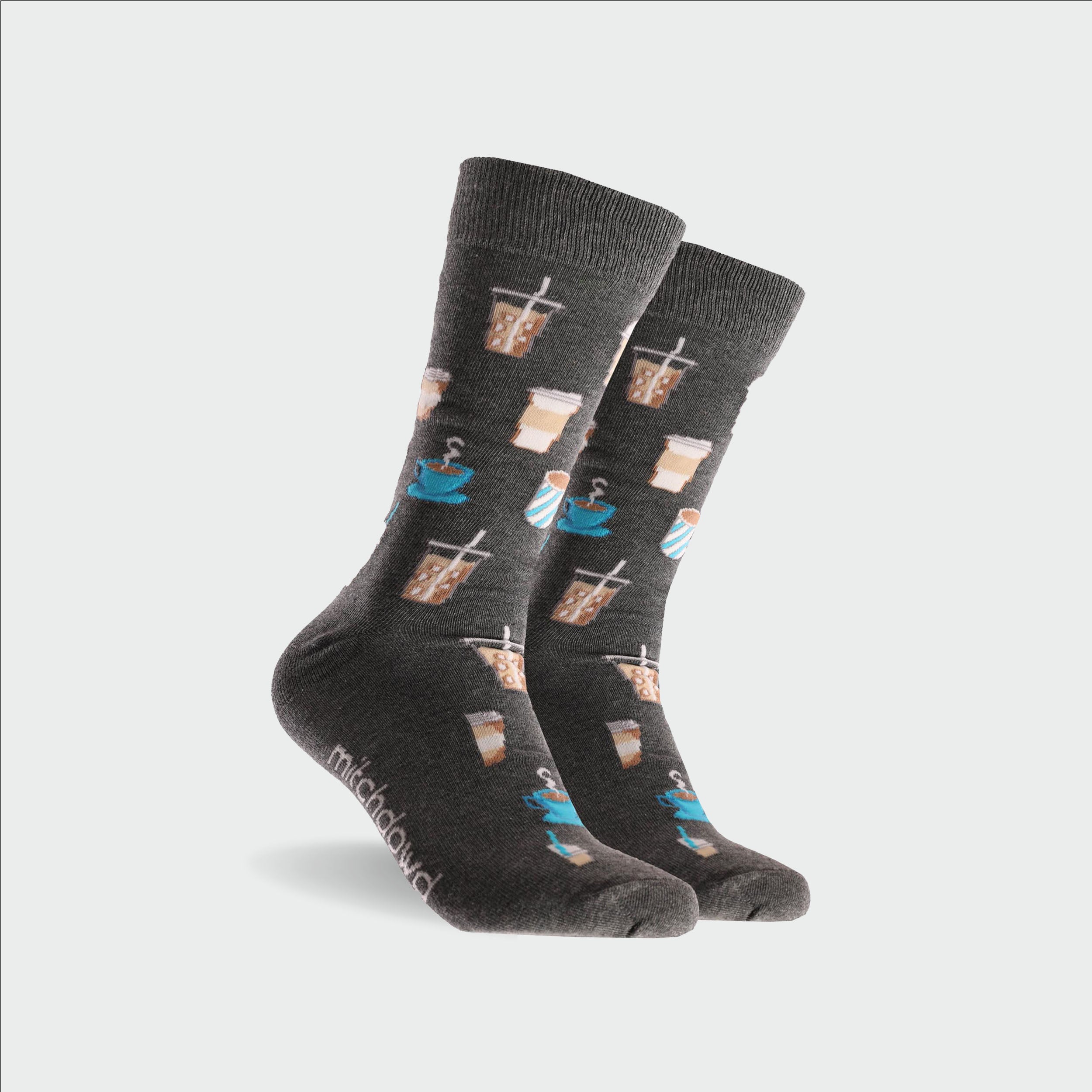 Funny Men's Cotton Crew Socks with Drink Patterns - Comfortable Casual Socks for Everyday Wear, Gifts, and Parties (Charcoal)