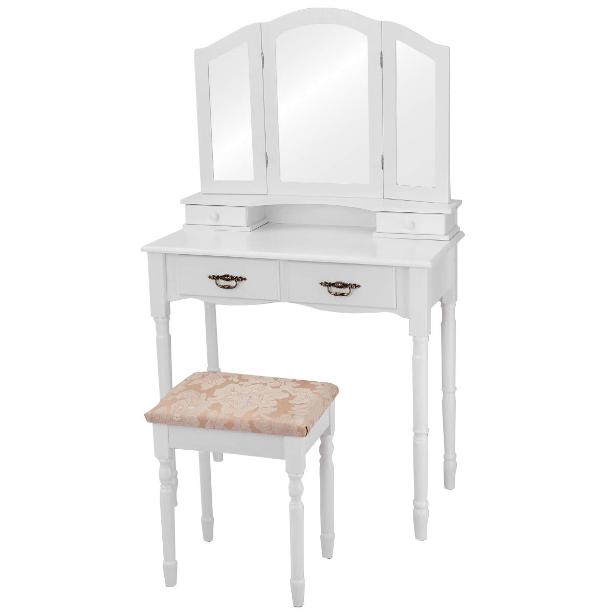 ReunionG Multifunctional Vanity Set with Stool & Trifold Mirror - White Makeup Dressing Table with Drawers, Writing Desk for Bedroom, Home Decor & Beauty Organization - Perfect for Small Spaces & Daily Makeup Routine