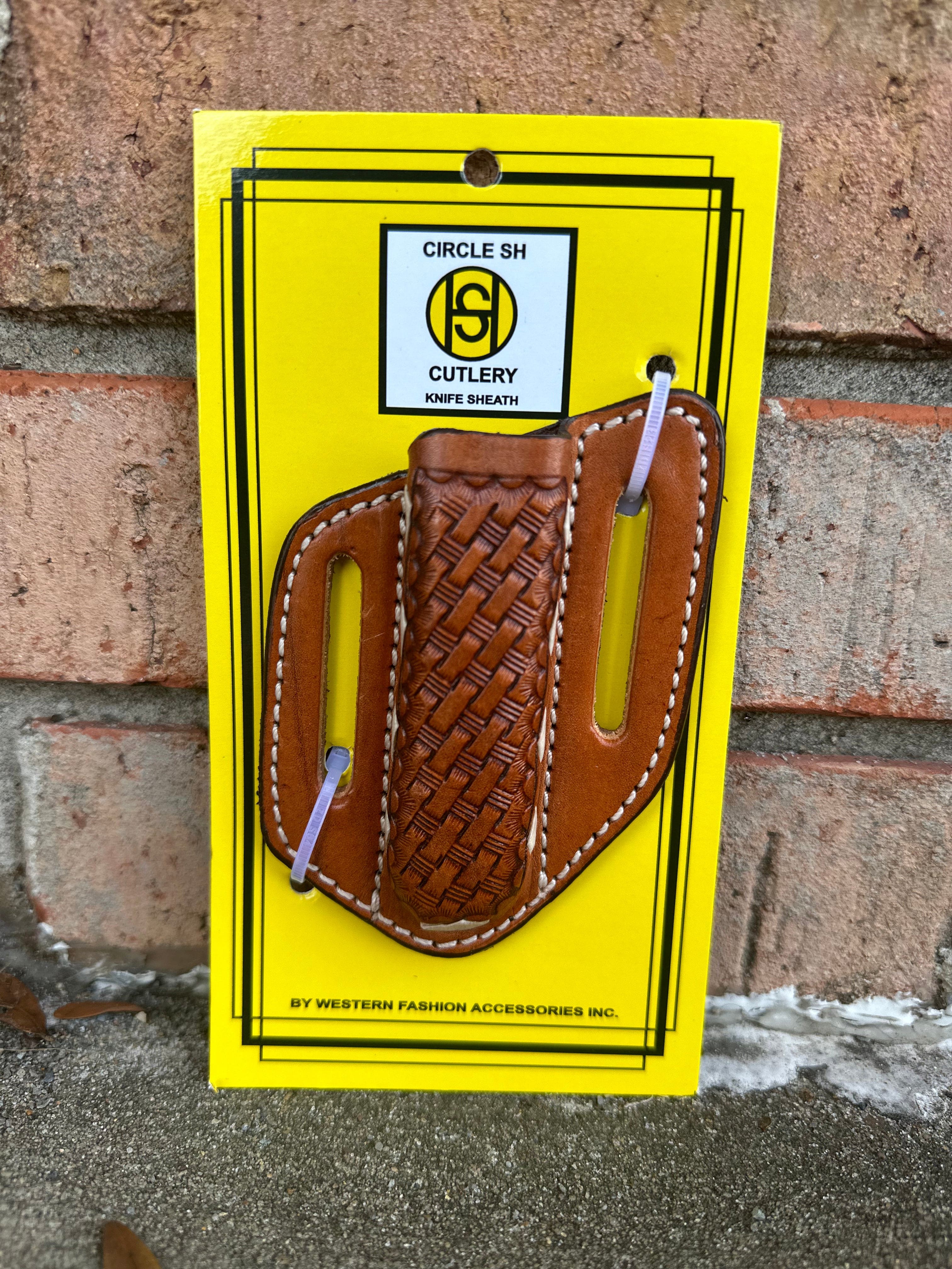 Circle SH Basketweave Knife Sheath with Ivory Stitch Detail KS 143 - Durable Leather Knife Holder for Hunting, Camping & Outdoor Adventures