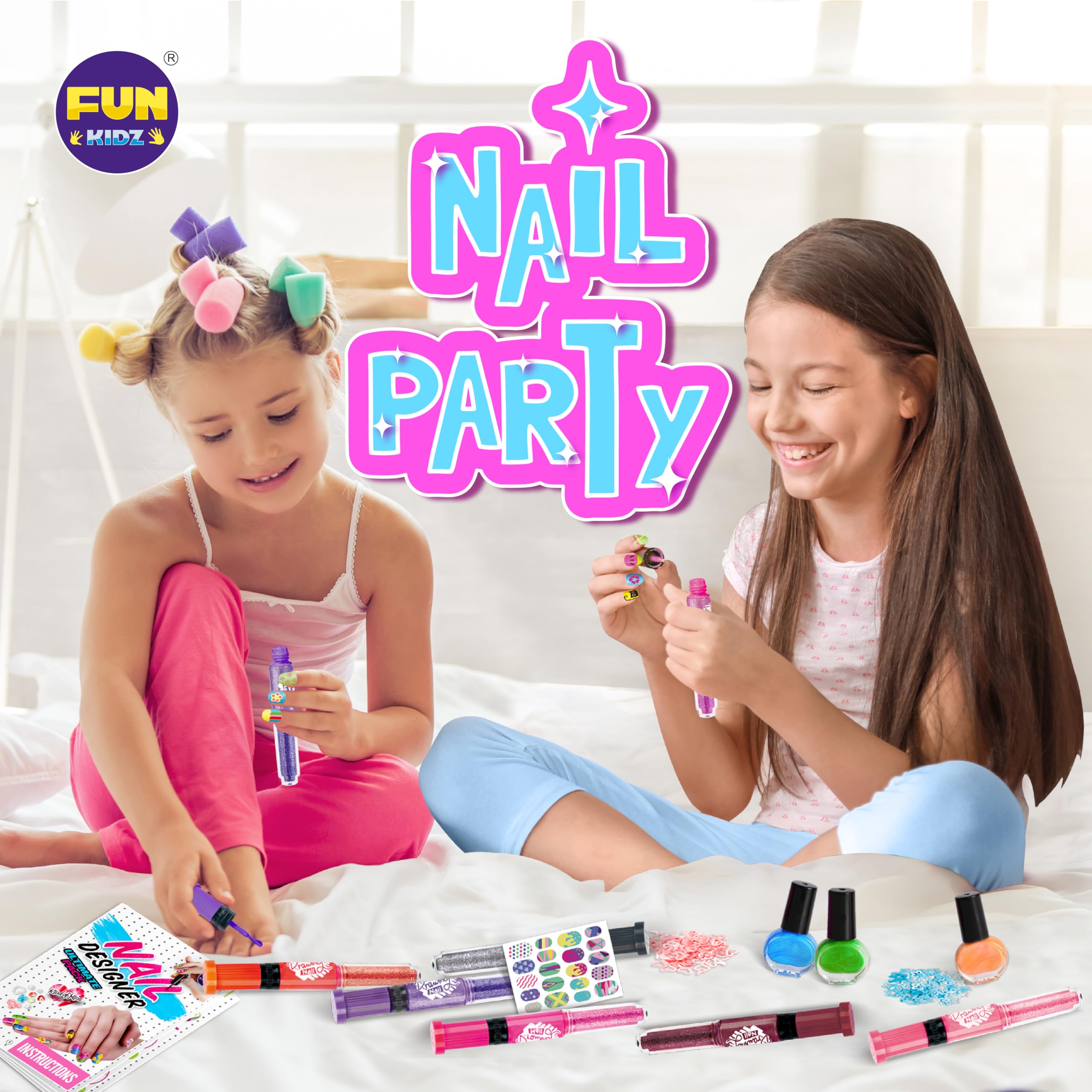 FunKidz Nail Polish Pens Kit for Girls 7-12 - Peelable Nail Art Set with Glitter & Gems for Party & Play