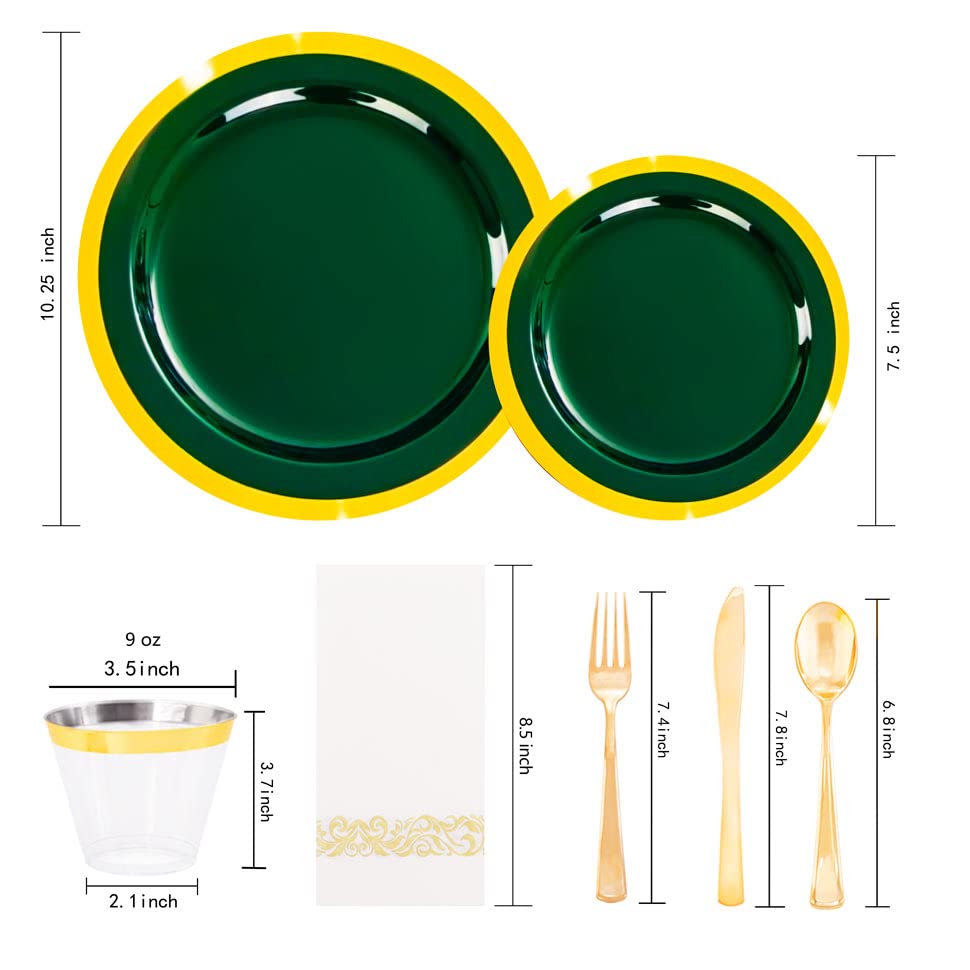 Liacere 175-Piece Emerald Green Plastic Party Tableware Set - Disposable Gold Trim Plates, Cutlery & Cups for Football, Spring Events & Outdoor Gatherings - Includes 50 Plates, 25 Knives, 25 Forks, 25 Spoons, 25 Cups & 25 Napkins - Elegant Eco-Friendly Disposable Dinnerware for BBQs, Picnics & Birthday Parties