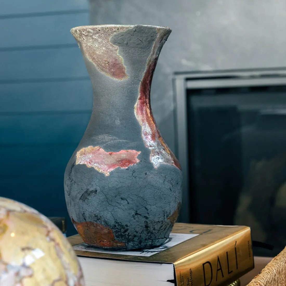 35 XL Raku Decorative Boiled Pot/Vase - Handcrafted Copper & Charcoal Finish - Creative Collection for Home Decor, Zen Garden & Modern Interior Design