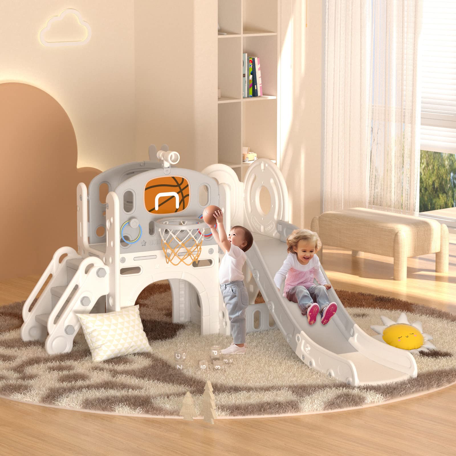 YUFU 9-in-1 Toddler Slide and Playset with Basketball Hoop - Indoor Outdoor Playground for Kids Ages 1-3 - Perfect for Backyard, Playroom, and Daycare Activities (Beige+Gray)