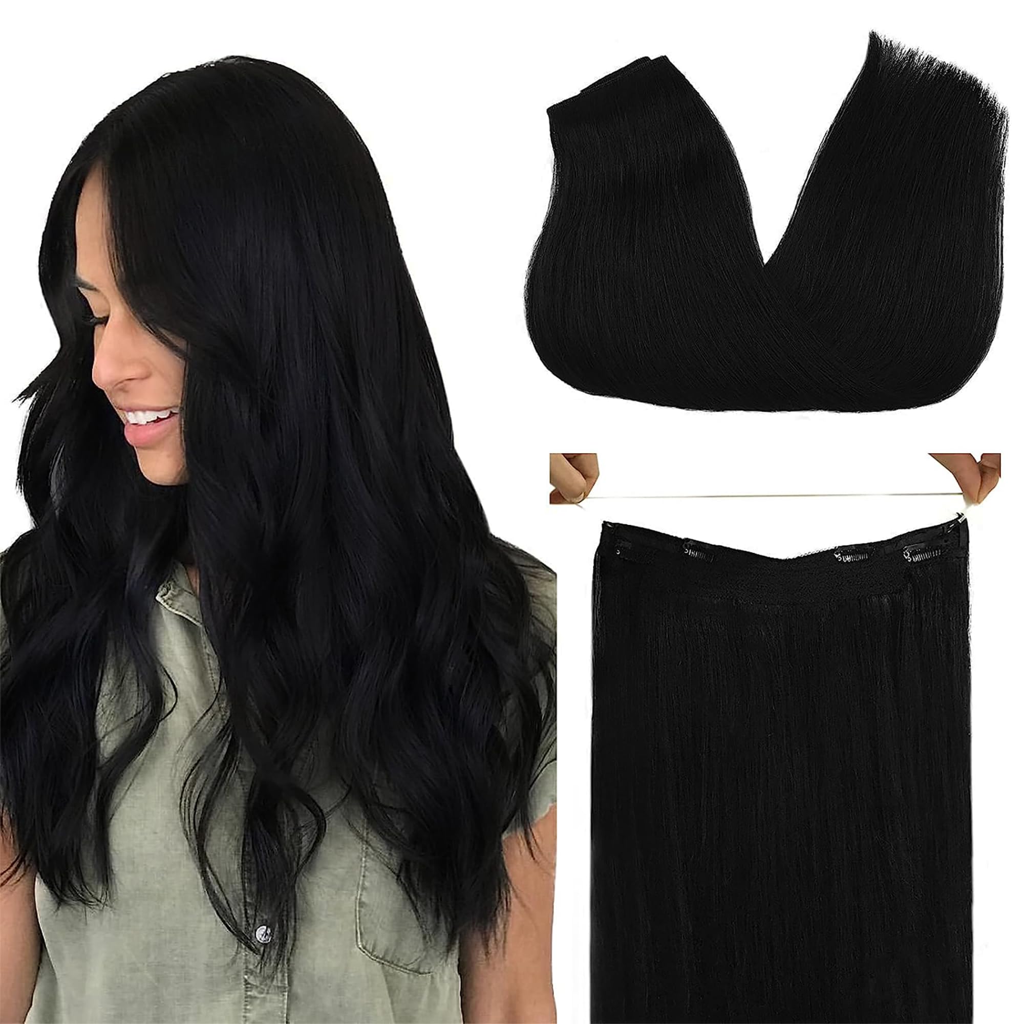 GOO GOO Invisible Wire Hair Extensions 18 Inch Jet Black Human Hair - 95g Seamless Fish Line Hairpiece with Transparent Wire for Natural Look | Perfect for Parties, Weddings & Daily Styling