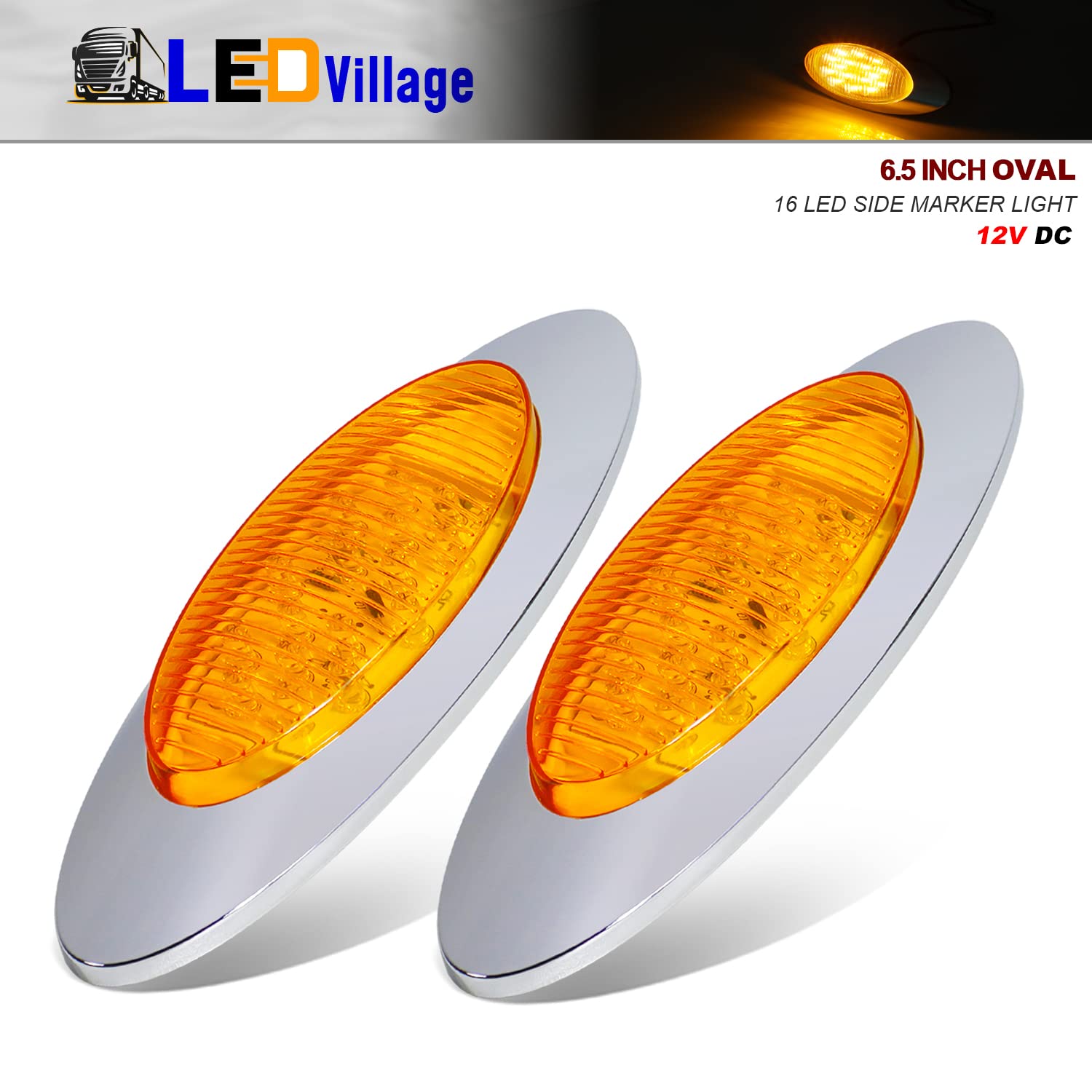 6.5 Inch Oval Cab Panel Fender LED Side Marker Lights - Amber 16 LED Running Turn Signal & Clearance Lights - 12V DC Replacement for Peterbilt Kenworth Freightliner Trucks (2 Pack) - Perfect for Semi Truck Night Visibility & Safety Compliance