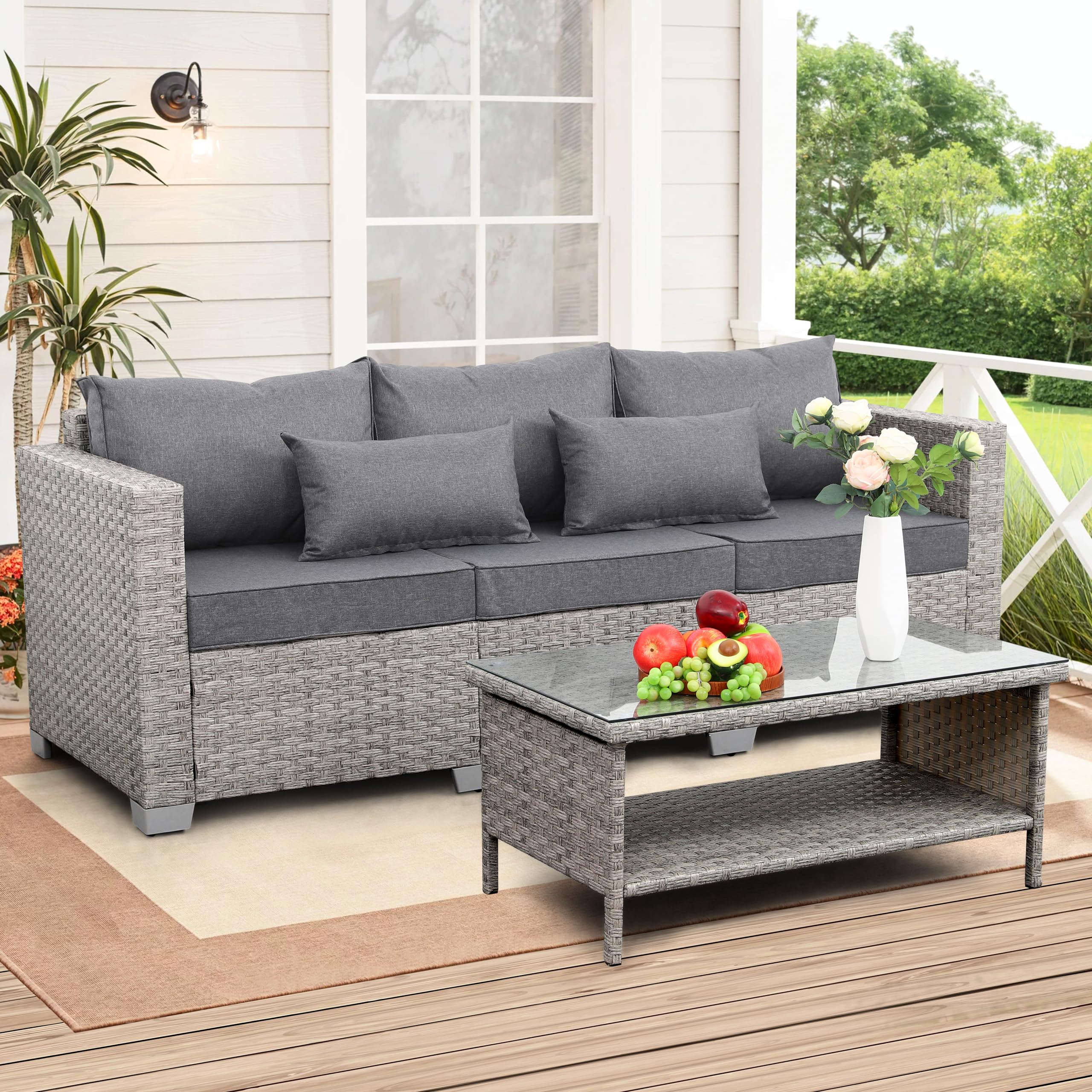 **WAROOM 3-Seater Outdoor Patio Sofa - Grey Wicker Rattan Deep Seat Couch with Cushions for Balcony, Porch, Garden & Backyard Relaxation**