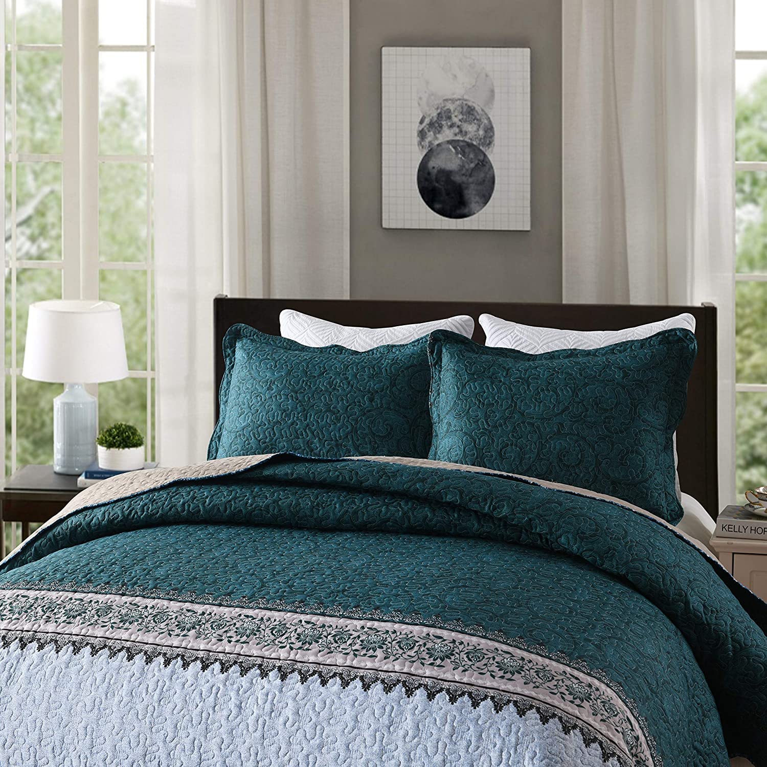 Travan 3-Piece King Size Quilt Set - Soft Lightweight Microfiber Bedspread with Shams, All Season Blue Ocean Design - Perfect for Master Bedroom, Guest Room & Cozy Home Decor