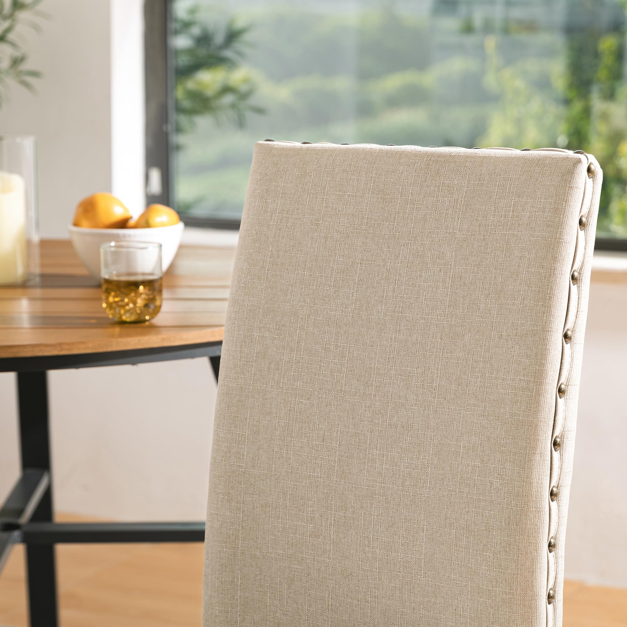 Glitzhome Set of 2 Upholstered Fabric Dining Chairs with Rubber Wood Legs, Beige - Modern Kitchen & Dining Room Furniture for Home Decor