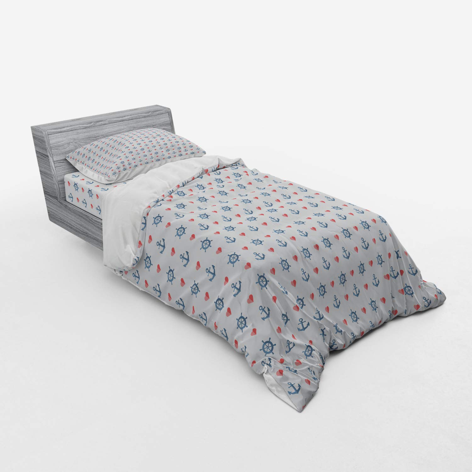 Ambesonne Anchor Bedding Set - Maritime Nautical Theme with Sea Waves & Red Hearts, 3-Piece Duvet Cover Set (Twin XL) - Blue, Red & White Ocean Romance Design | Perfect for Beach House, Coastal Decor & Couples Bedroom