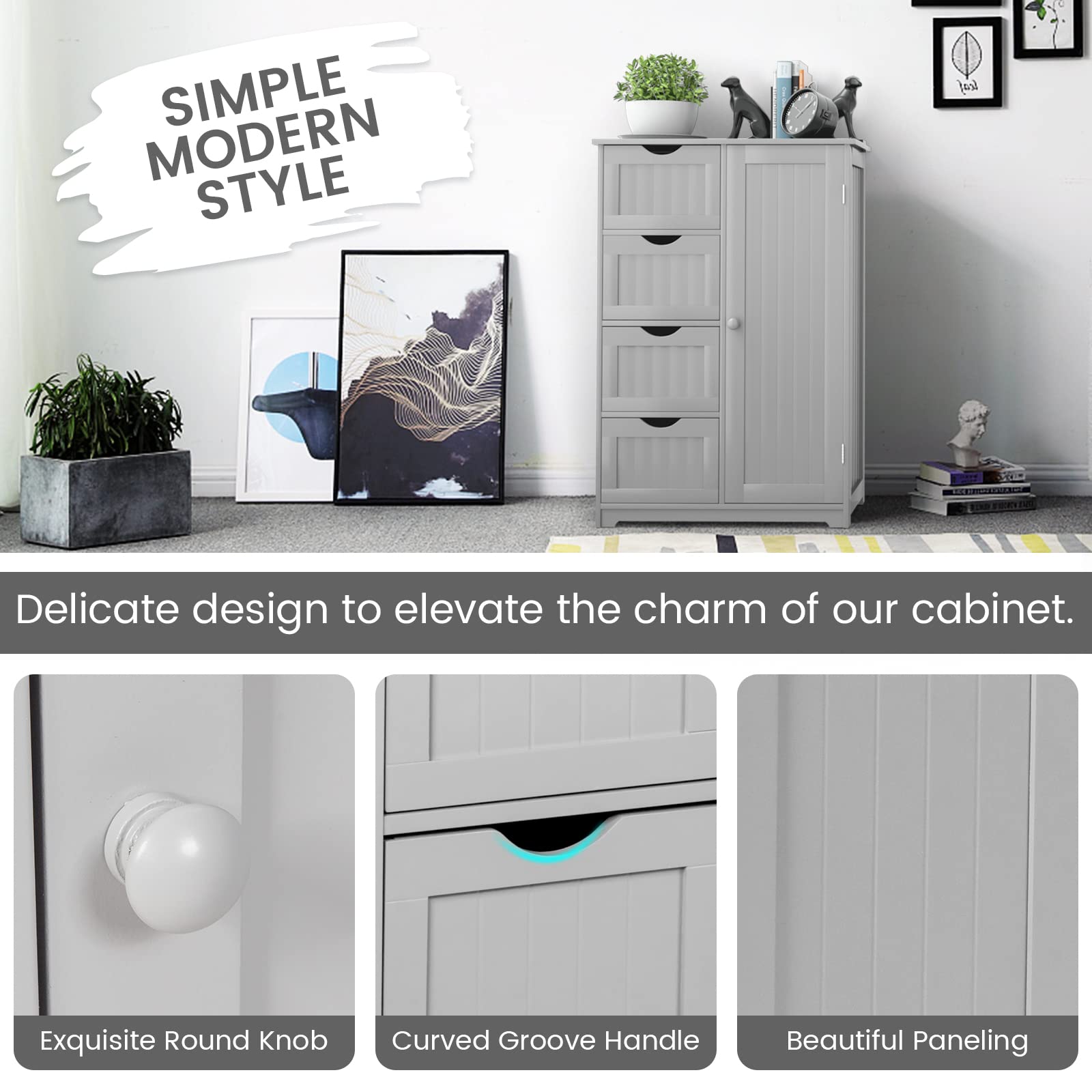 COSTWAY Wooden Bathroom Storage Cabinet - Freestanding 4-Drawer Organizer with Adjustable Shelf, Modern Floor Cabinet for Bathroom, Living Room, Kitchen & Entryway (Grey) | Perfect for Small Space Organization & Home Decor