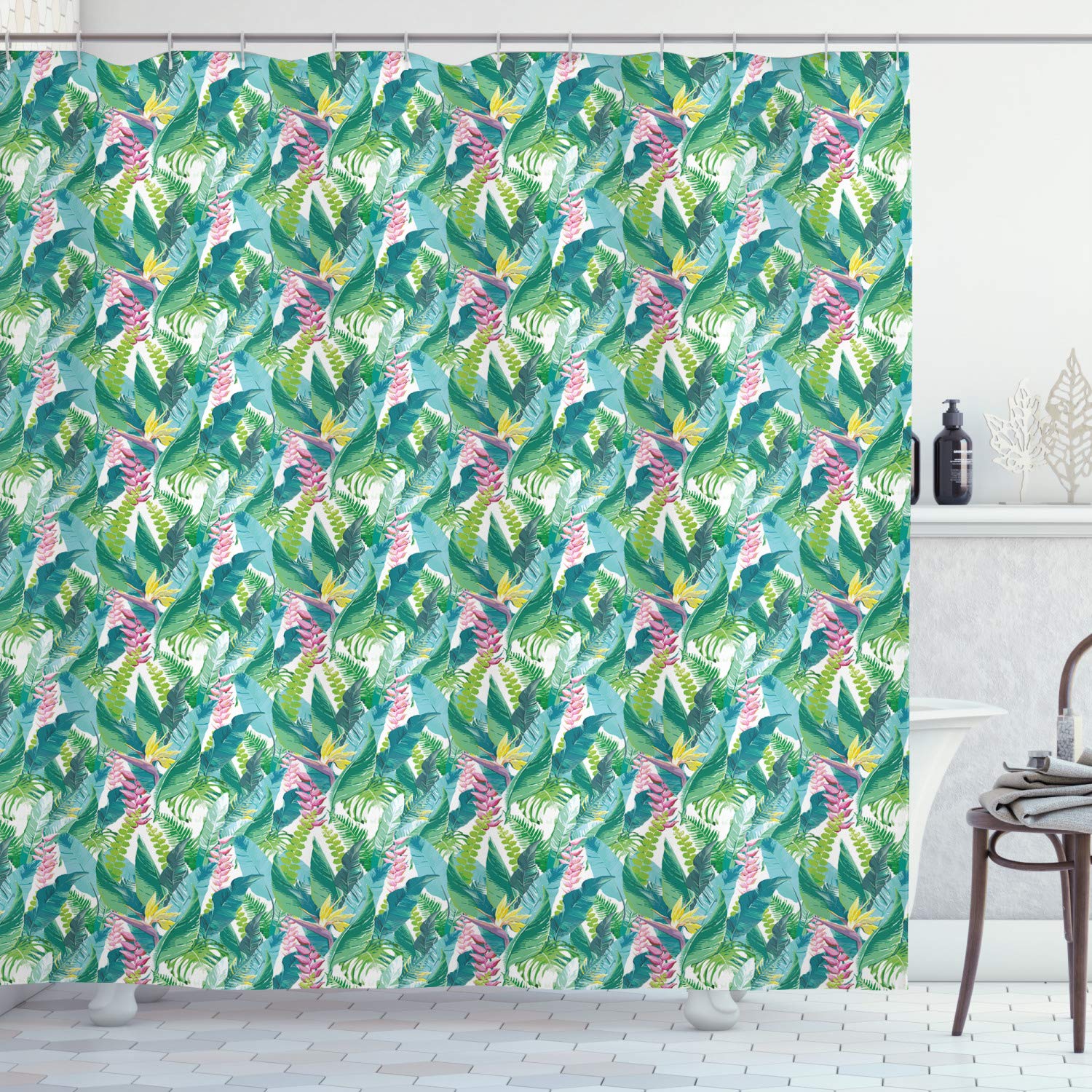 Ambesonne Tropical Shower Curtain - Watercolor Hawaiian Foliage with Fern & Monstera Leaves, Exotic Nature Bathroom Decor, 69x84 Inch Fabric Set with Hooks - Perfect for Beach House, Spa Bathroom or Tropical Themed Home Decor