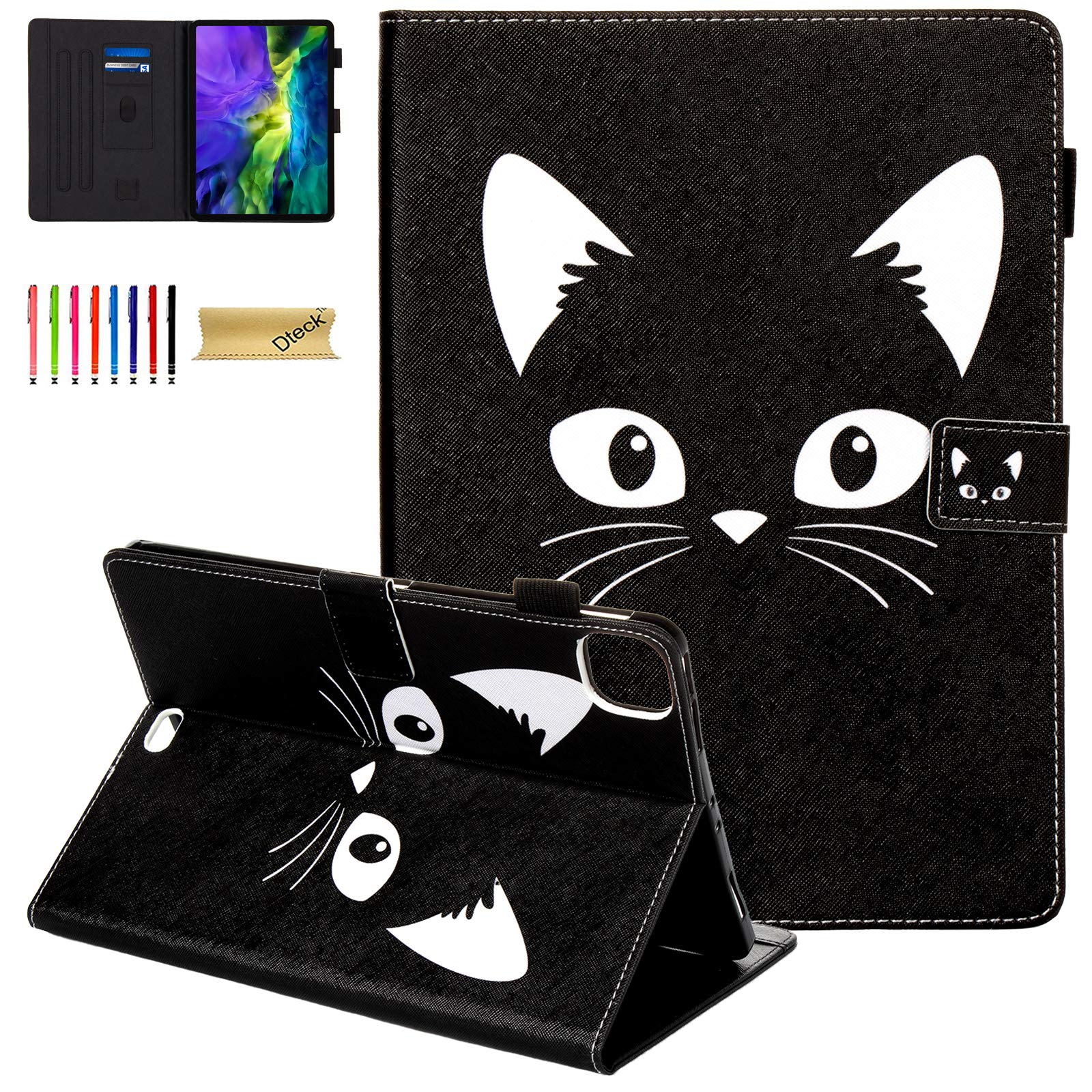 Dteck PU Leather iPad Air 11''/iPad Pro 11'' Case (1st-5th Gen) - Multi-Angle Stand Folio with Auto Wake/Sleep & Card Slots | Protective Cover for Work, School & Travel | Black Cat Design