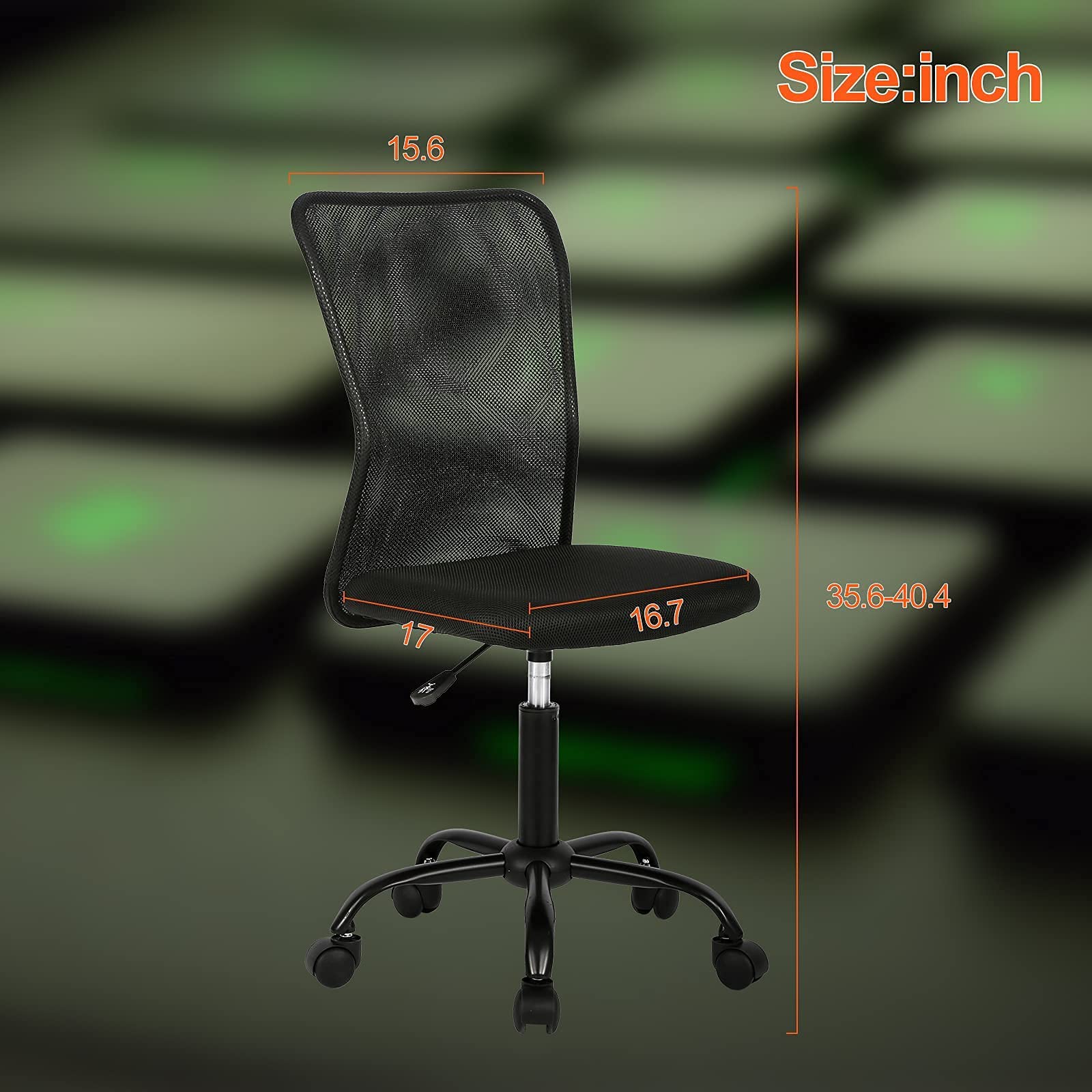 Ergonomic Armless Mesh Office Chair - Adjustable Height, Rolling Swivel & Lumbar Support - Perfect for Home Office, Conference Room & Small Spaces (Black, 16.7
