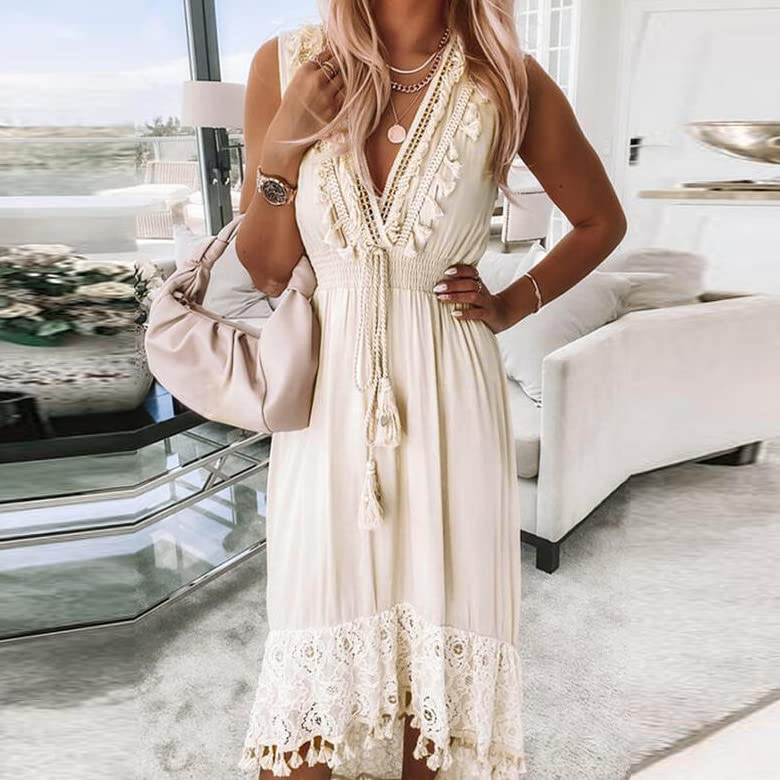 Sexy V-Neck Sleeveless Summer Maxi Dress for Women - Flowy Tassel Lace Wedding Guest Dress, Ankle-Length Casual Beach Dress for Parties, Vacations & Date Nights