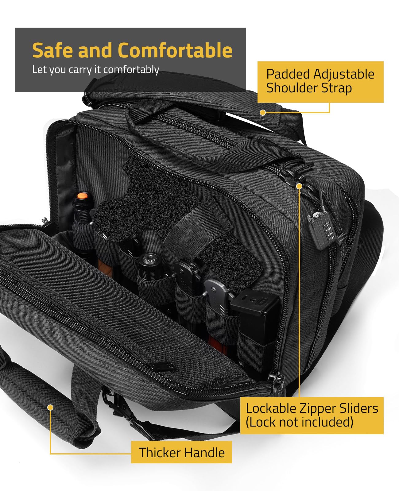 CVLIFE Tactical Gun Range Bag - Lockable 3 Compartment Pistol Case for Handguns, Hunting & Shooting Range - Durable Gun Carrying Case for Outdoor Sports & Firearm Storage