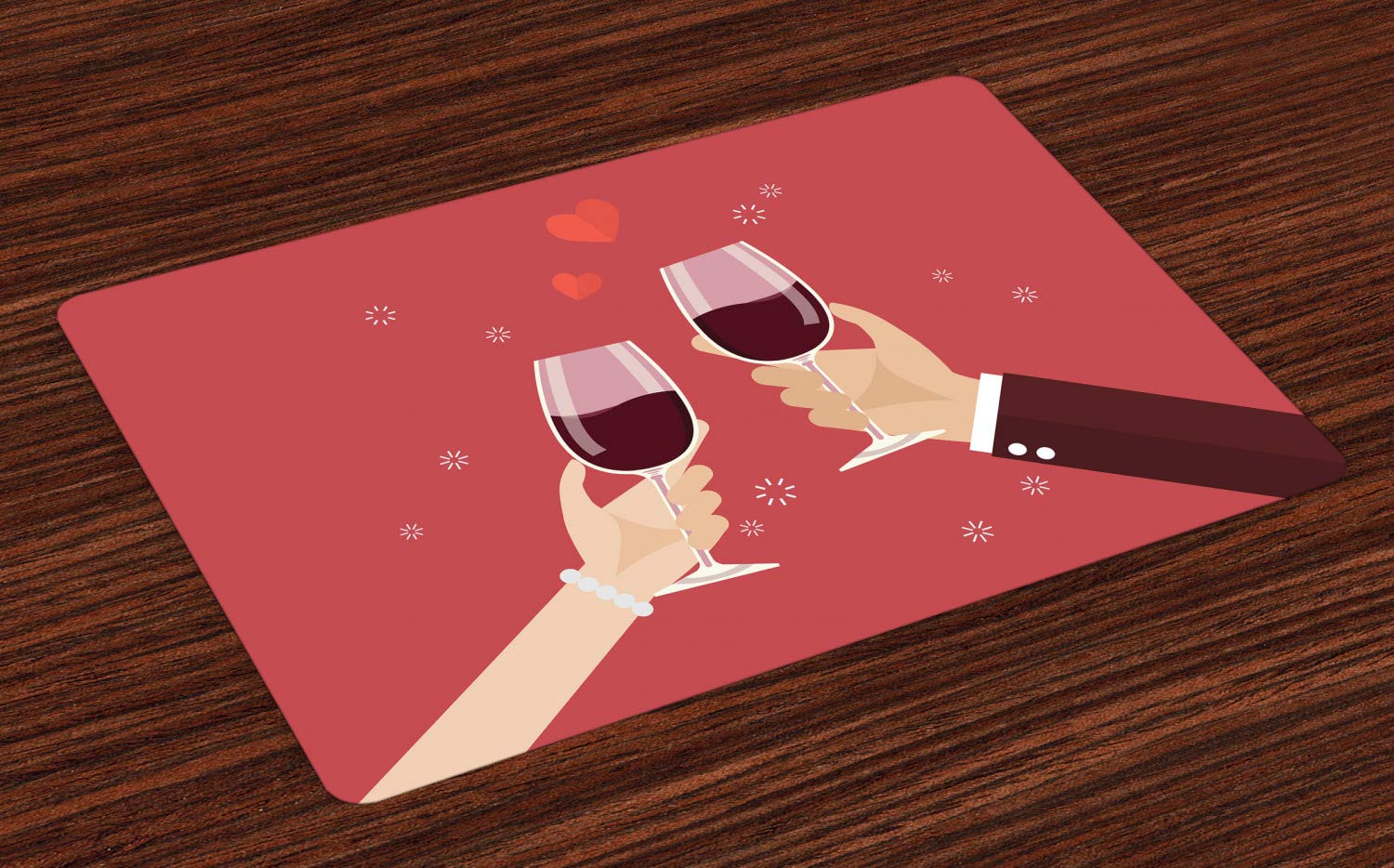 Valentine's Day Place Mats Set of 4 - Romantic Couple Toasting Wine Glasses Design - Washable Fabric Table Mats for Anniversary & Romantic Dinners - Standard Size Coral Cream - Perfect for Date Nights & Special Occasions