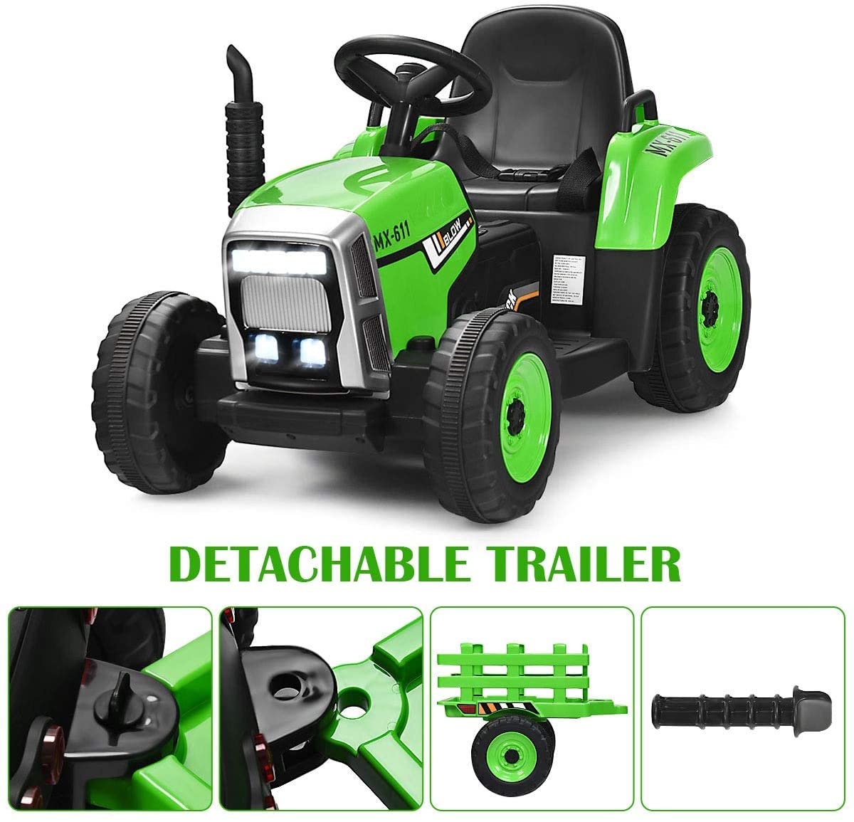 GLACER 12V Battery Powered Kids Ride on Tractor with Trailer - Remote Control Electric Toy Car for Toddlers, 3-Speed Gear Shift, LED Lights & Music - Green Ride-On Loader for Outdoor Play & Backyard Fun