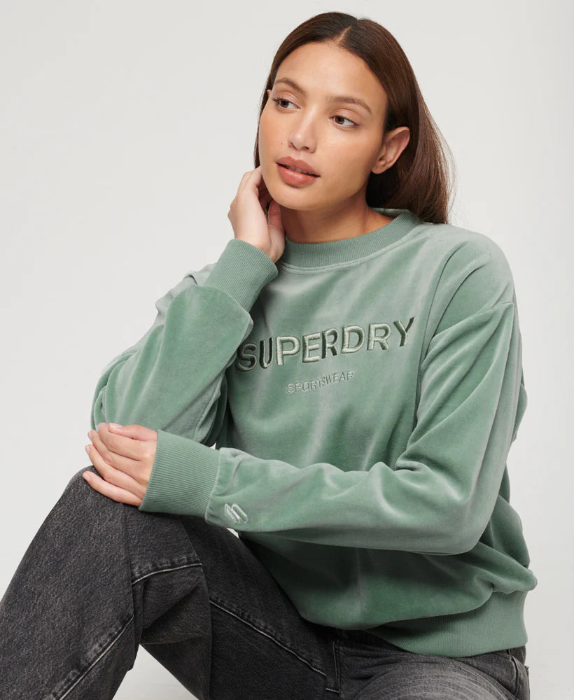 Velour Graphic Boxy Crew Sweatshirt for Women - Light Jade Green Oversized Pullover | Casual Streetwear, Loungewear, and Winter Fashion Outfit