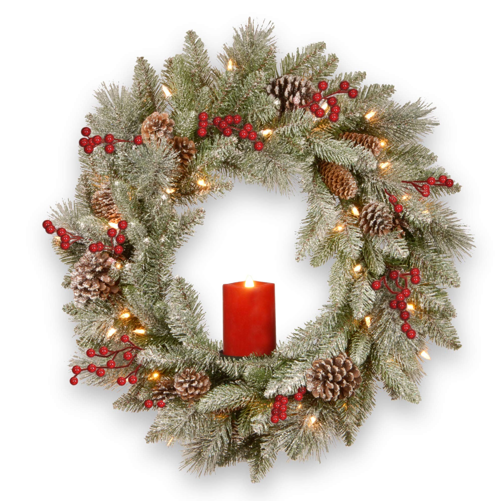 Ergode 24-Inch Battery Operated Christmas Snowy Bristle Berry Wreath with LED Candle - Holiday Front Door Decor, Winter Home Decoration, Festive Indoor Outdoor Decor for Xmas Party & Fireplace Mantel