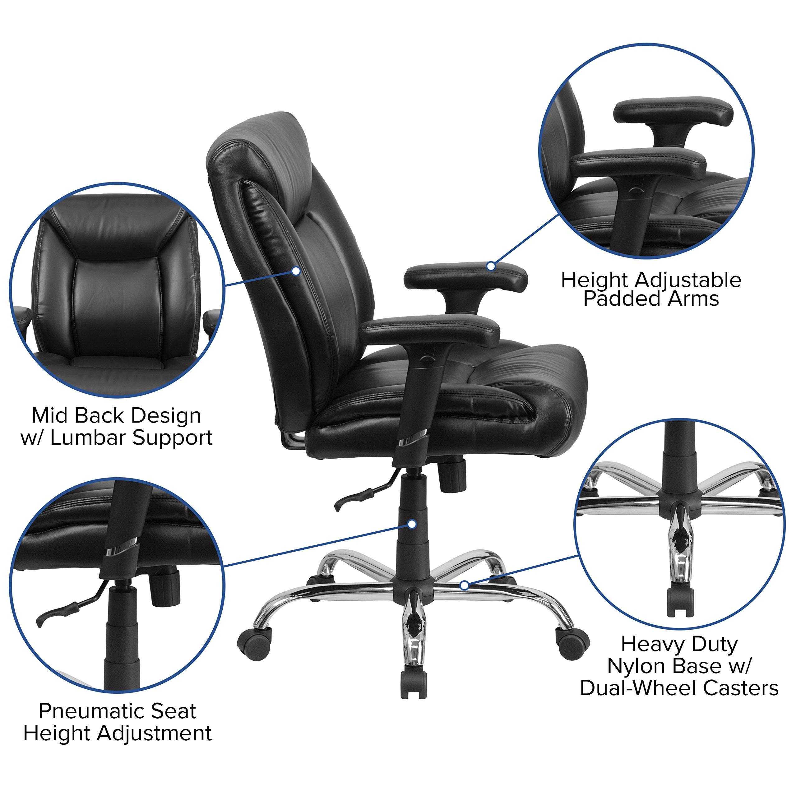 Flash Furniture HERCULES Series Big & Tall 400 lb. Capacity Black LeatherSoft Deep Tufted Ergonomic Office Chair with Adjustable Arms - Heavy Duty Executive Desk Chair for Home & Office Workspaces