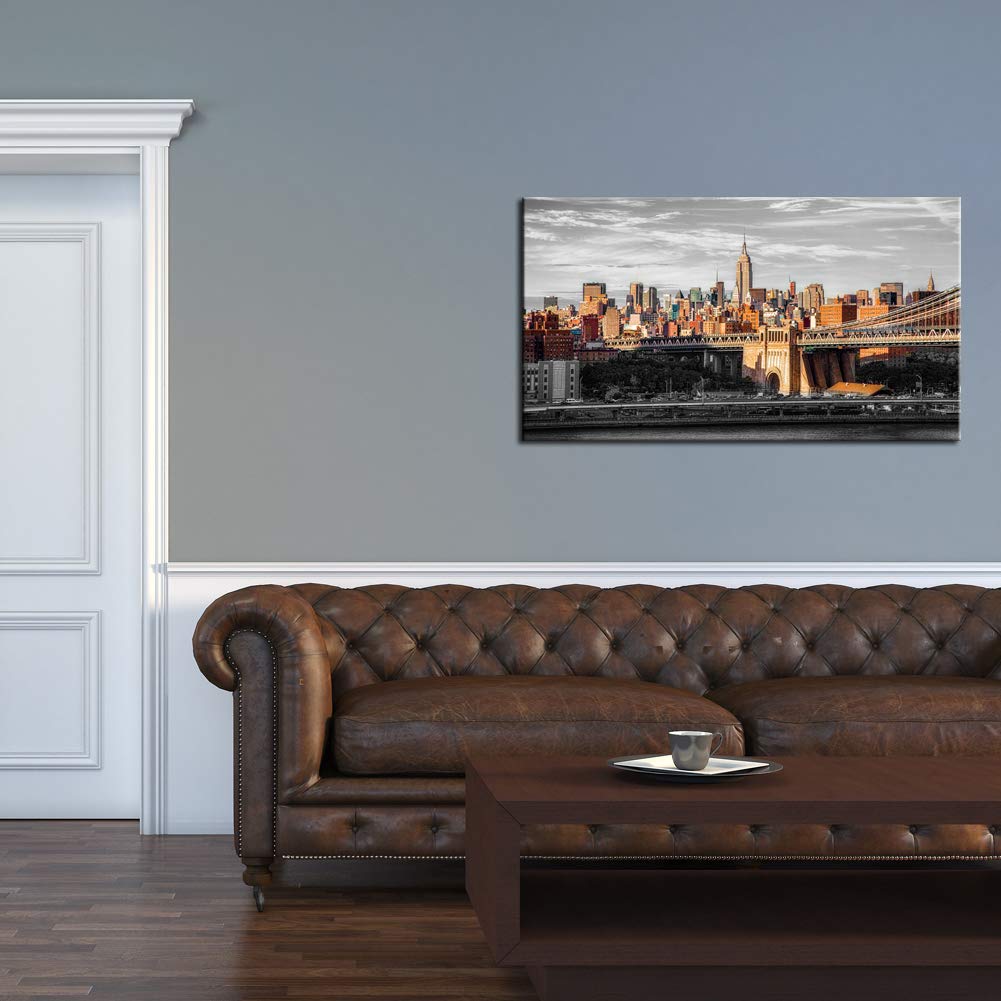 Modern NYC Canvas Art - Brooklyn Bridge Sunrise Painting for Home Decor | 20x36 Inch Wall Art
