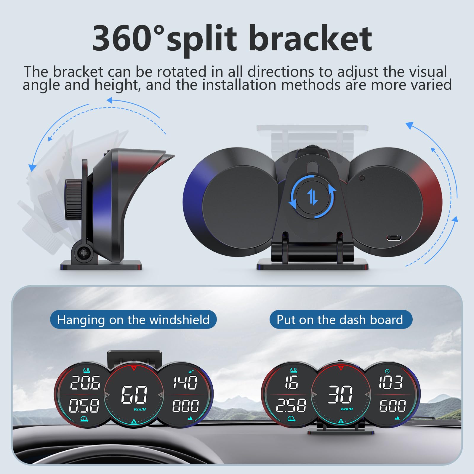 Universal Car HUD Head Up Display - Digital GPS Speedometer with 3 LCD Displays (MPH/KM/H), Compass, Time & Speeding Alerts | Driving Fatigue Warning for All Vehicles | Perfect for Road Trips & Night Driving