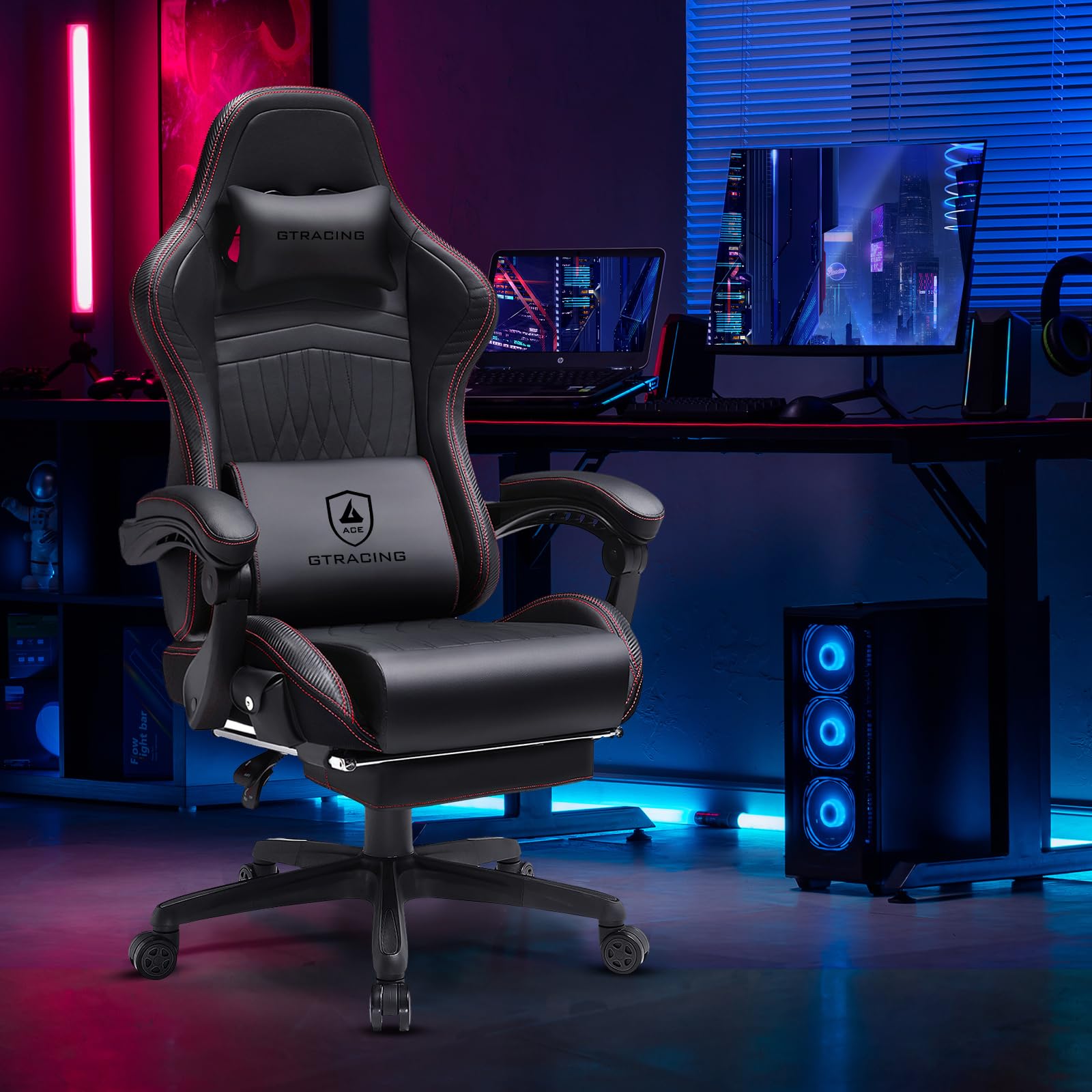GTPLAYER Ergonomic Gaming Chair with Bluetooth Speakers & Footrest - High Back Reclining Computer Game Chair for Adults & Kids, Adjustable Linkage Armrests (Red) - Perfect for PC Gaming, Office Work & Home Entertainment