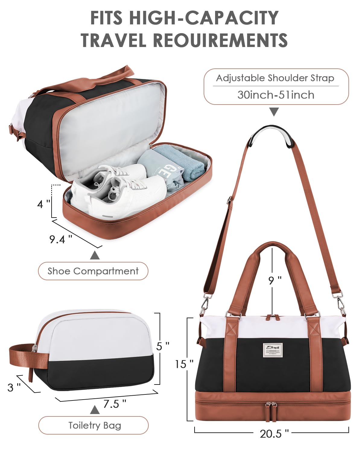 ETRONIK Large Travel Duffel Bag for Women - Gym Bag with Shoe Compartment & Wet Pocket, Carry-On Weekender Overnight Bag with Toiletry Pouch - Perfect for Hospital Visits, Yoga, Sports & Weekend Getaways