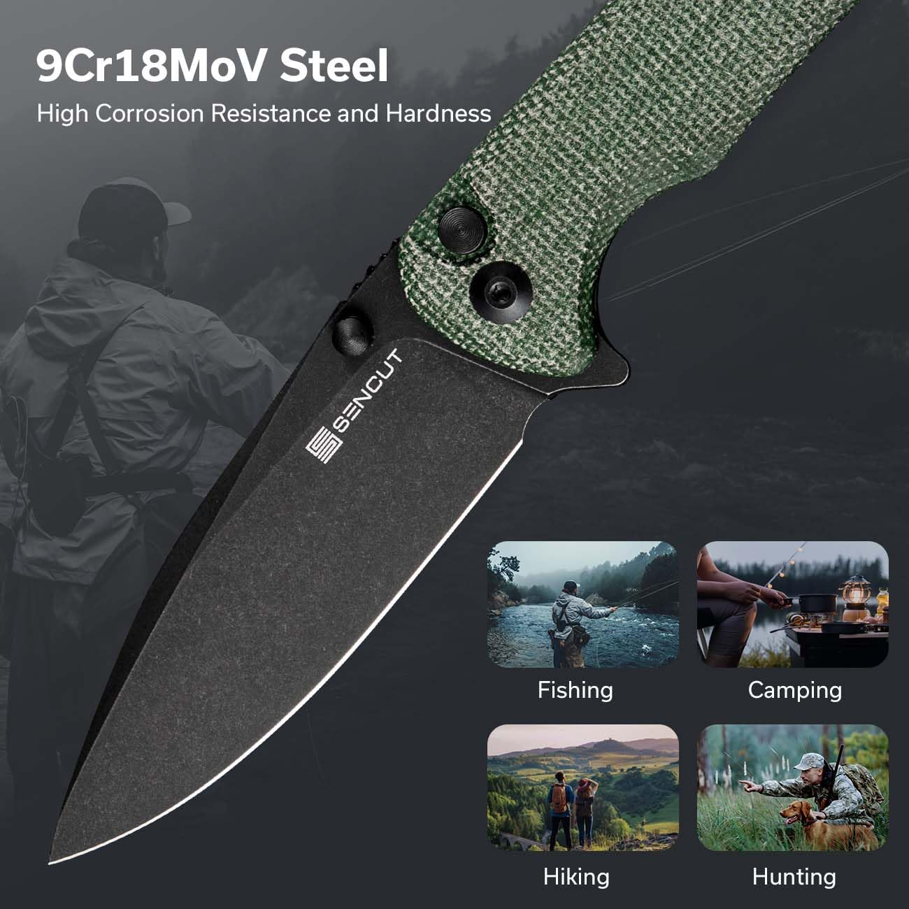 SENCUT Sachse Folding Pocket Knife - 9Cr18MoV Steel Blade, Green Micarta Handle, Button Lock & Clip - EDC Knife for Men & Women | Perfect for Camping, Hiking, Survival & Everyday Carry (Model S21007-2)