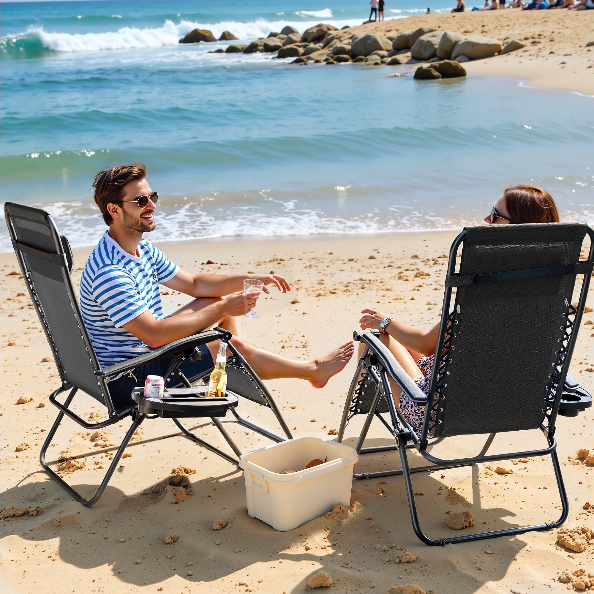**Greesum Zero Gravity Lounge Chairs Set of 2 - Adjustable Steel Mesh Recliners for Outdoor Relaxation, Beach, Deck, Lawn, Camping & Patio - Foldable with Cup Holder, Side Trays & Pillows - Dark Black - Perfect for Sunbathing, Backyard Lounging & Poolside Relaxation**
