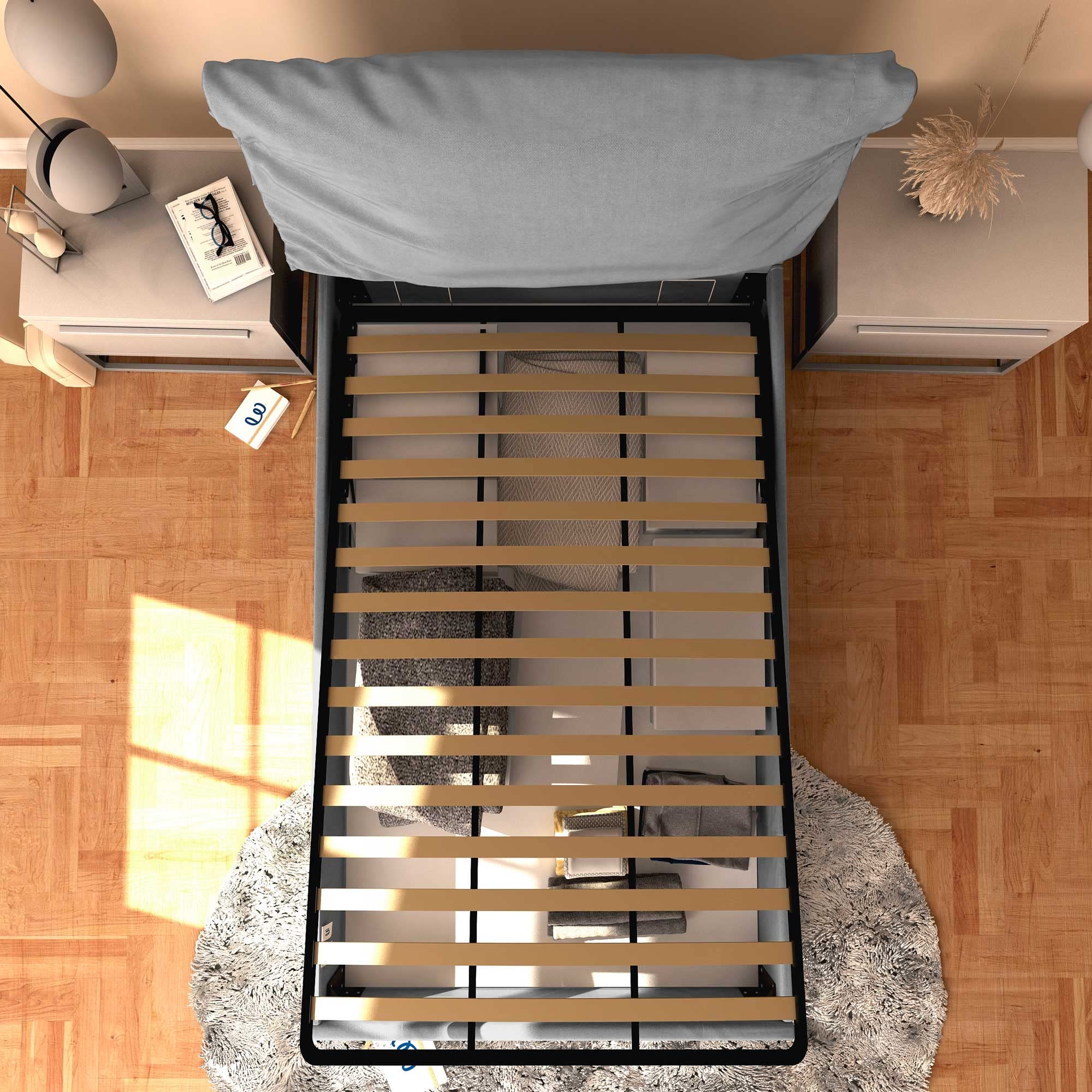 Baldiflex Single Bed with Storage - Licia Soft Synthetic Leather Upholstery, Slatted Base for Single Mattresses, 120 x 200 cm, Padded Headboard, Light Gray - Perfect for Small Bedrooms, Guest Rooms & Studio Apartments