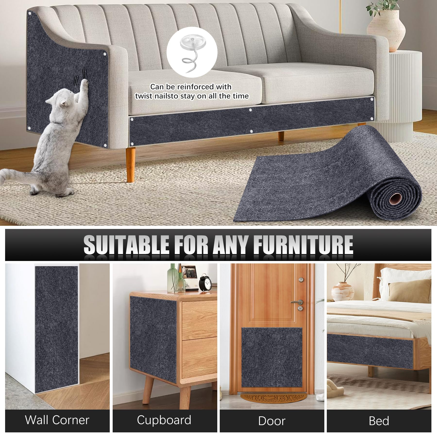Self-Adhesive Cat Scratch Protector for Furniture - Durable Couch Protector from Cat Claws, DIY Climbing Cat Scratcher Carpet - Perfect for Sofas, Chairs & Pet Furniture Protection