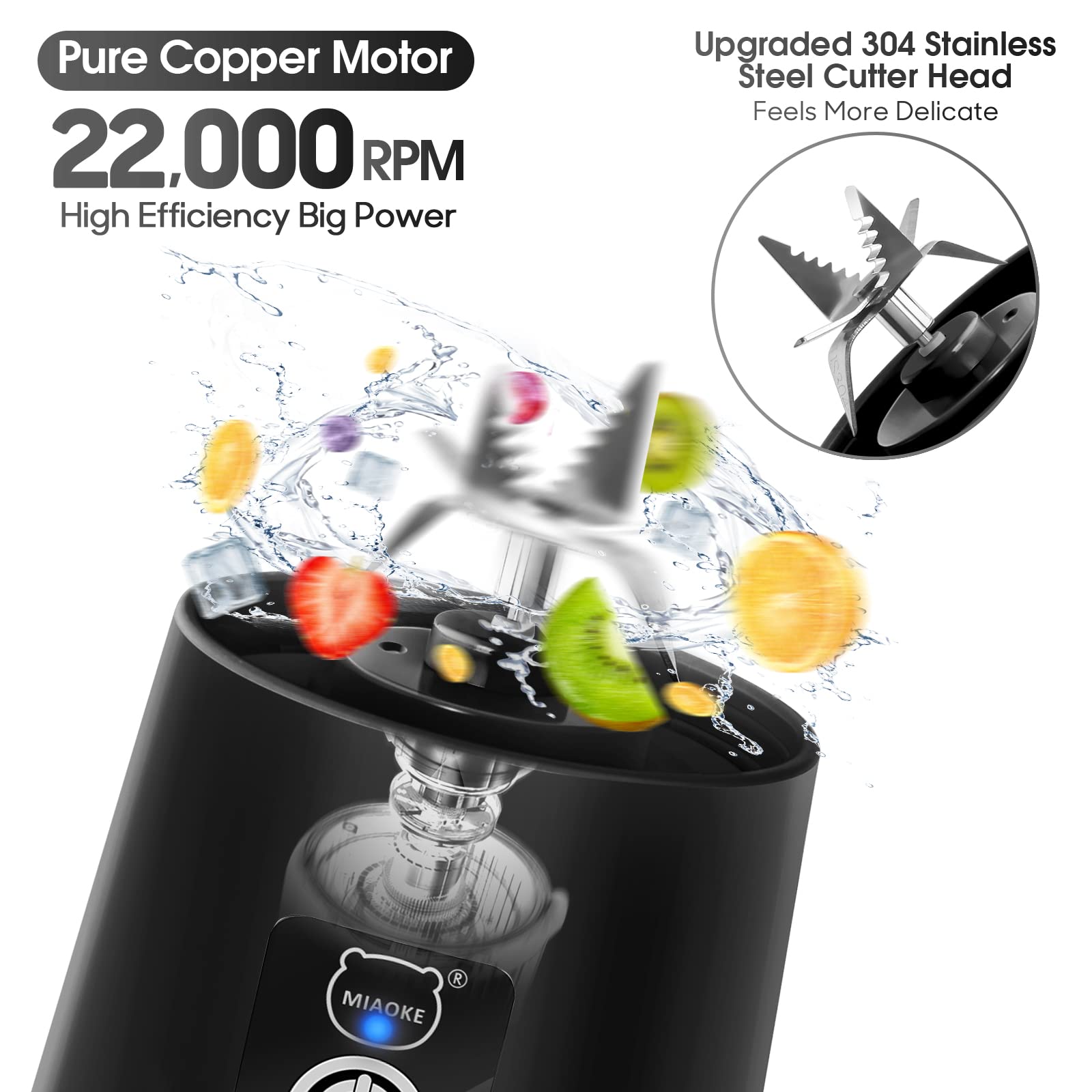 MIAOKE Portable USB Rechargeable Mini Blender - 3D Six Blades for Smoothies, Juices & Shakes - Perfect for Home, Office, Gym & Travel (Black) | Compact Personal Blender for Healthy Drinks On-The-Go