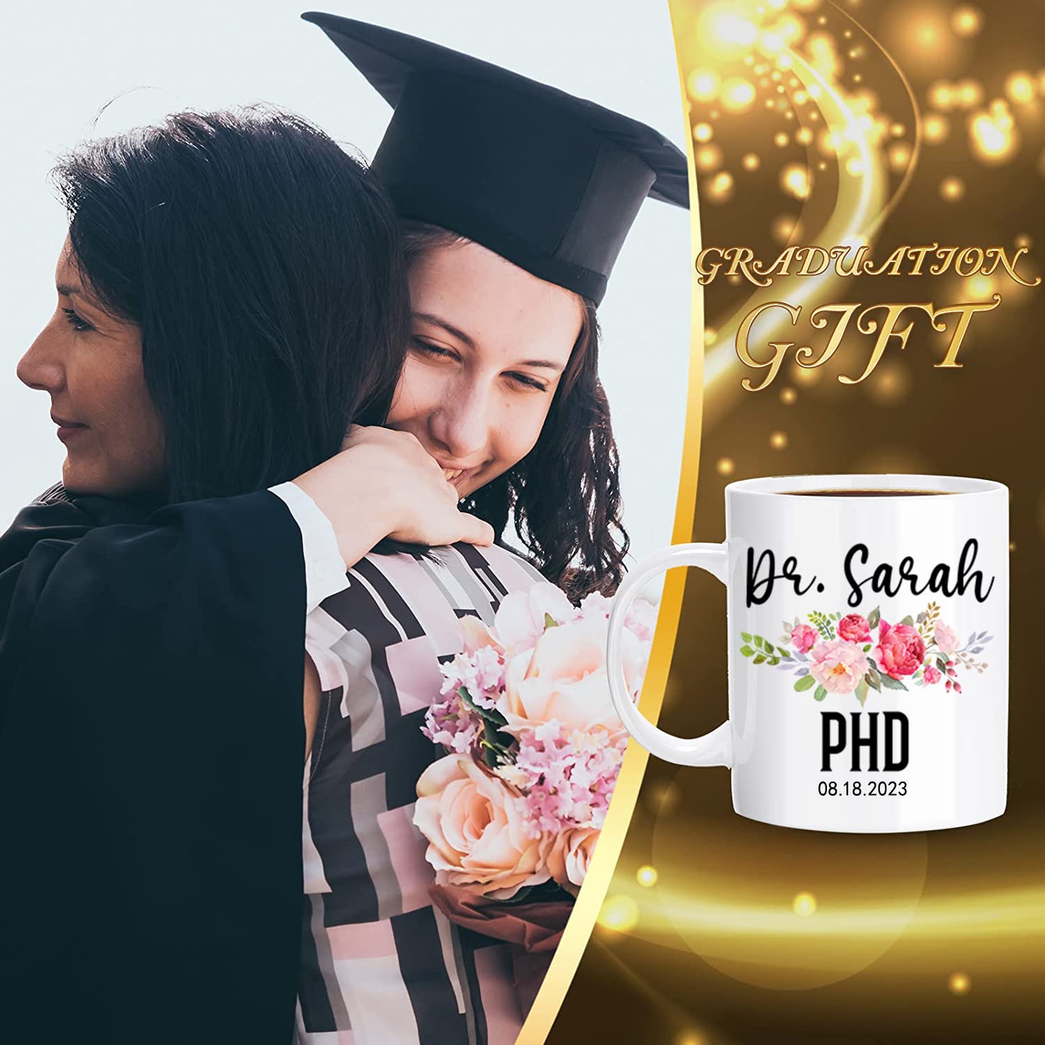 Personalized PhD Graduation Mug - Custom Engraved Coffee Cup for Doctorate Degree, PhD Graduate, Doctor - Ideal Gift for 2023 Graduation Ceremony, Office Desk & Academic Celebrations