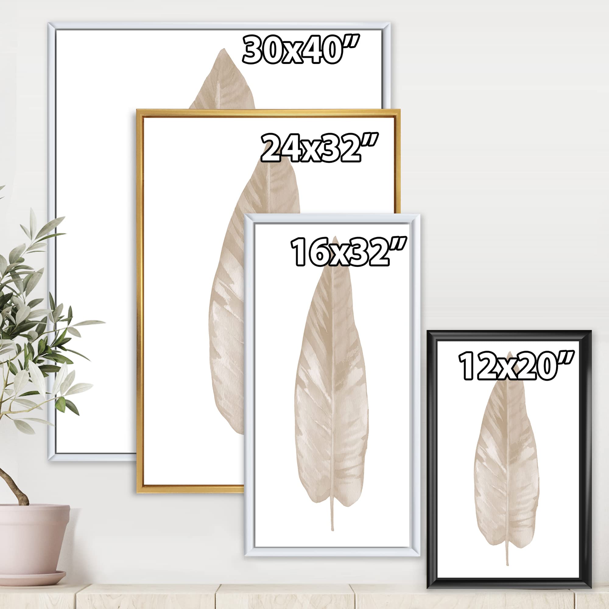 DesignQ Dried Leaf Plant Beige on White - Traditional Framed Canvas Wall Art Print for Living Room, Bedroom & Office Decor | Nature Inspired Home Decor